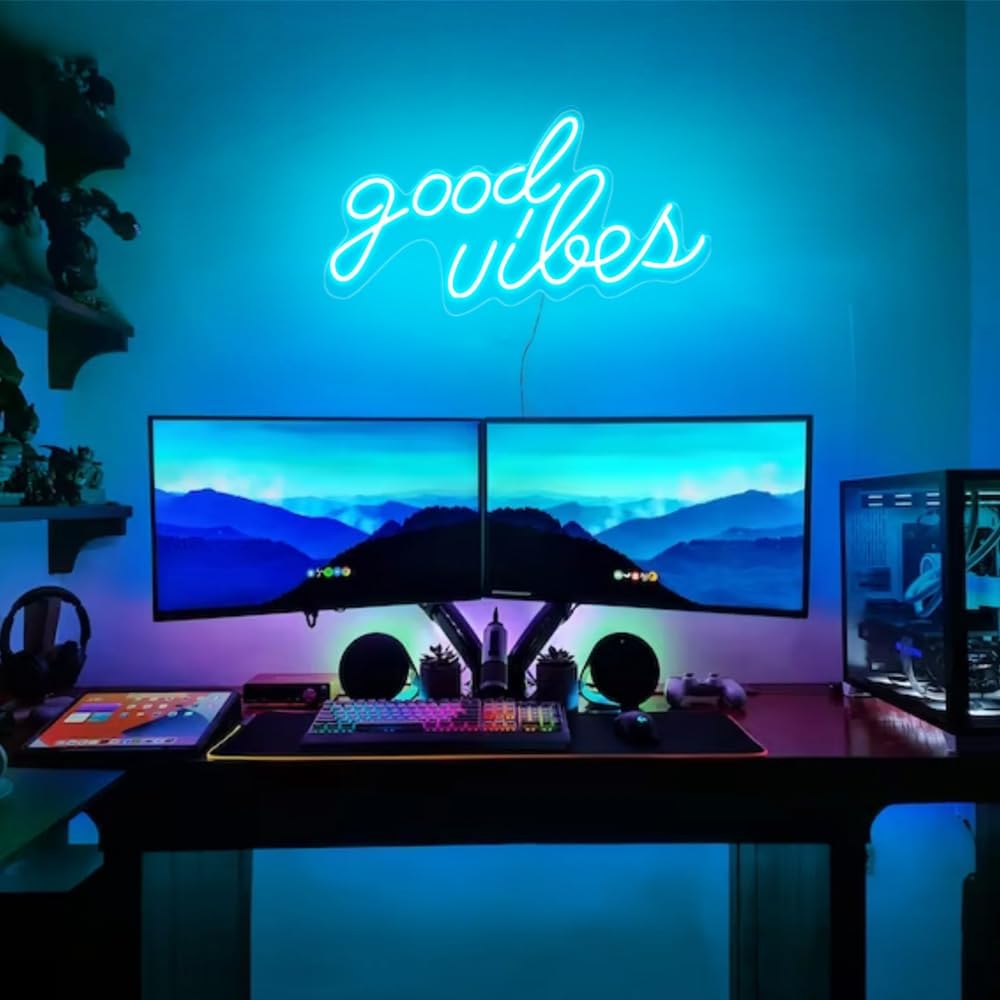 Bymax Neon Sign, Good Vibes Wall Decor Neon Signs, Usb Powered Led Neon Lights Up For Bedroom Bar Wedding Party Room - ICE BLUE