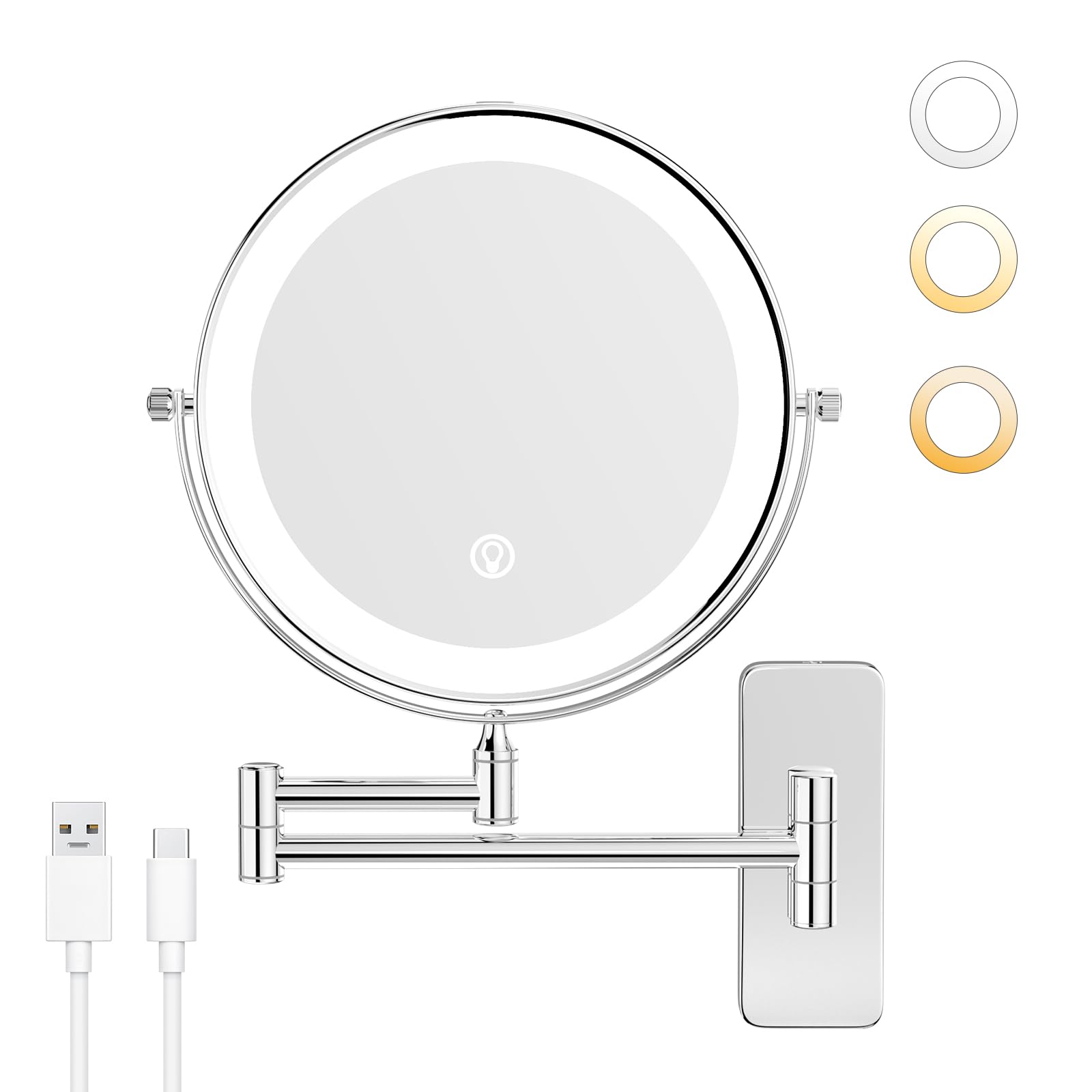 Nicesail Specchio da parete per cosmetici con illuminazione e ingrandimento 10x - Ricaricabile - Luce a 3 colori - Luminosità regolabile - Controllo touch - Cromo - Specchio da bagno a ingrandimento