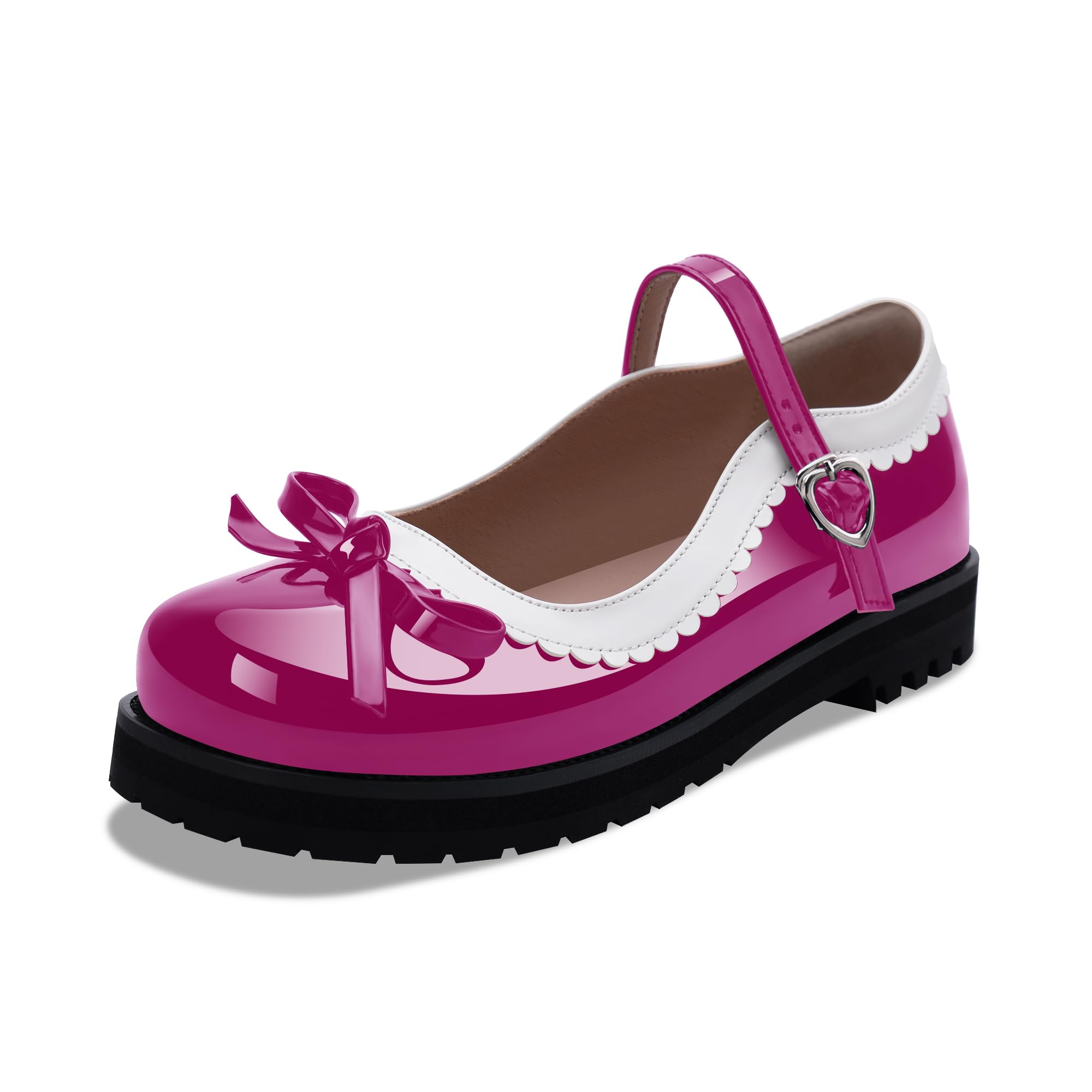 yowmns Women's Bow Patent Leather Platform Mary Janes Ankle Strap Closed Toe Kawaii Goth Uniform Flats