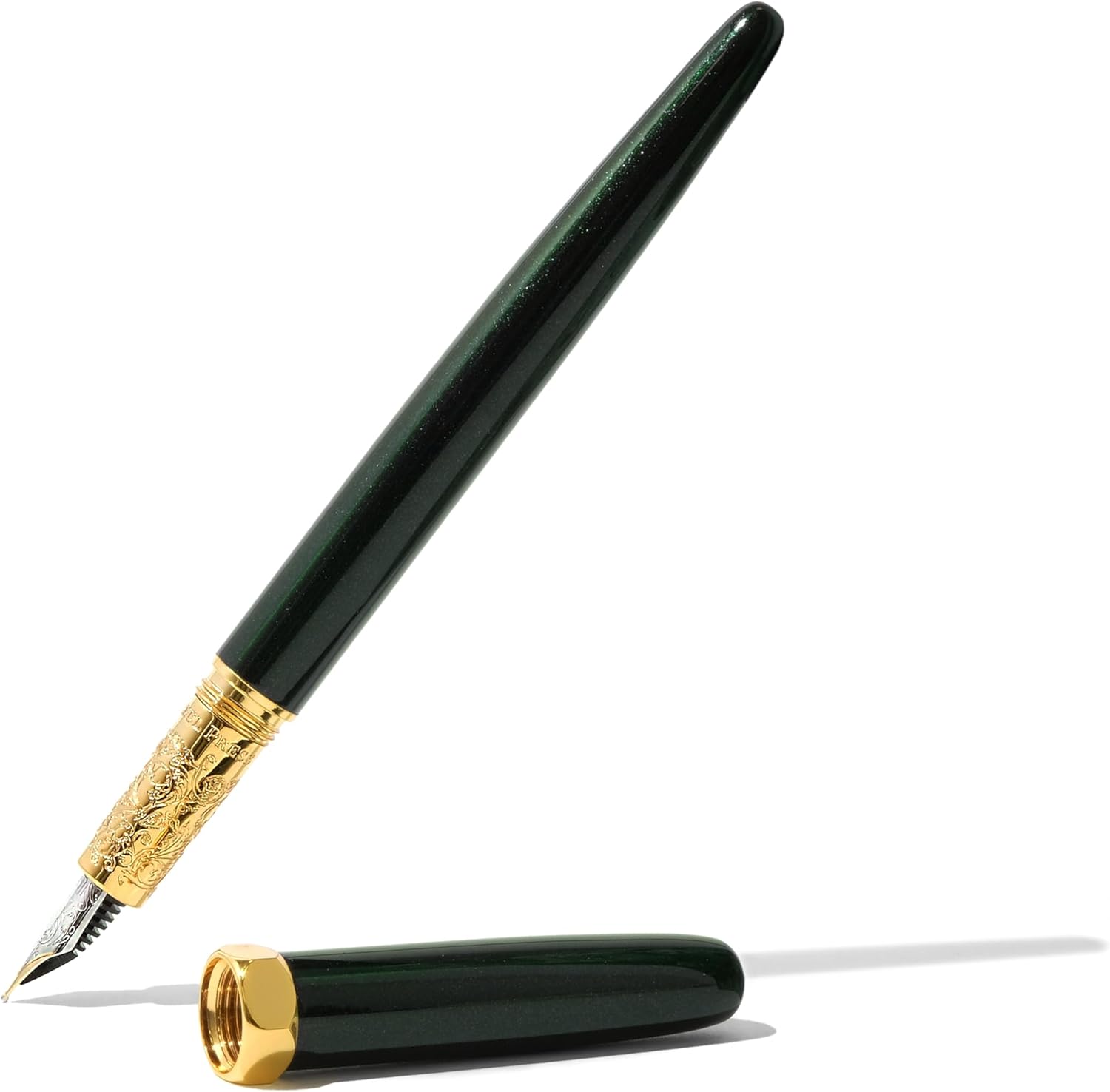 Ferris Wheel Press, Bijou Fountain Pen, Catnip Café, Double Gold Plated, Snowfall Lacquer Finish, Two-Tone Steel Nib, Emerald Green, Fine