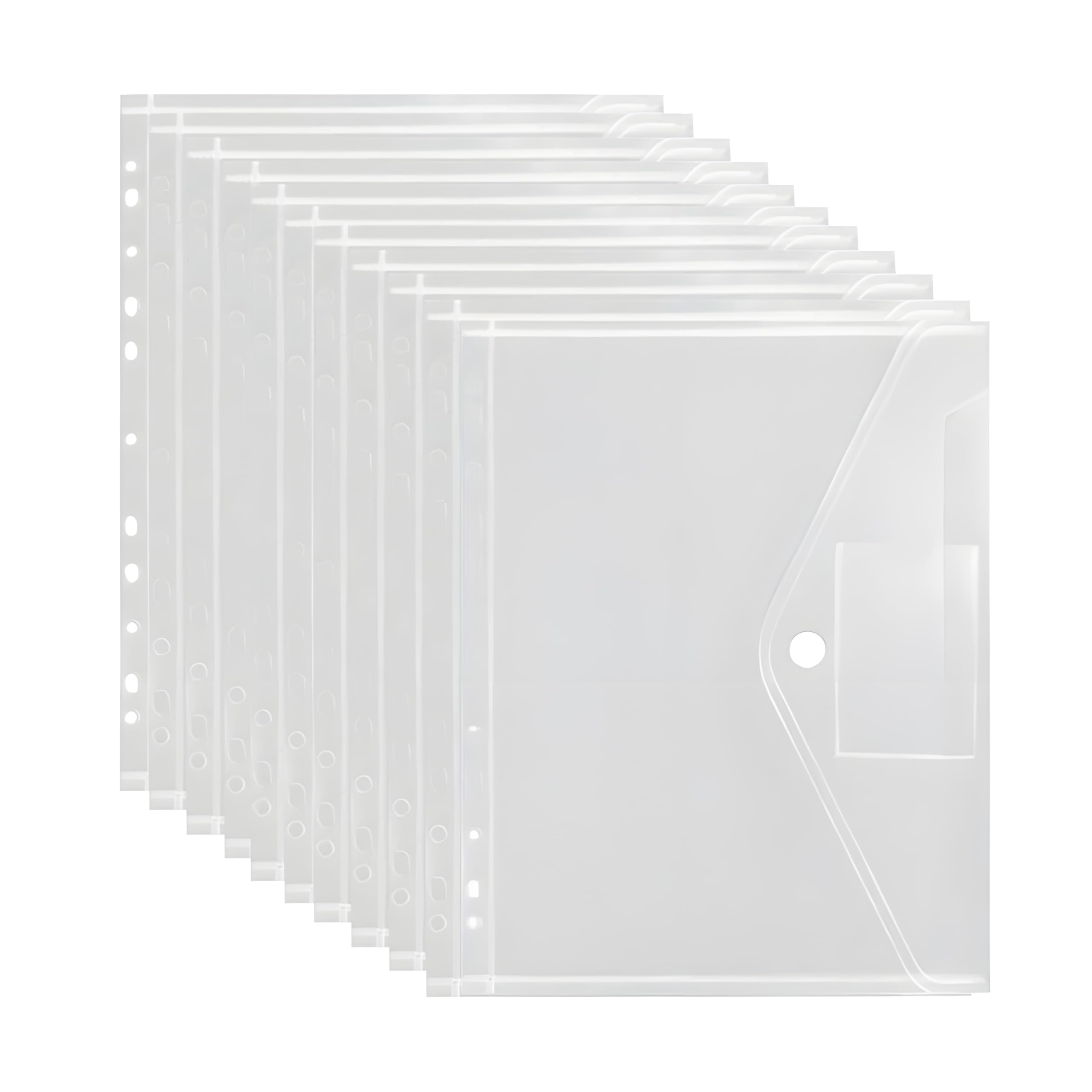 Carpeta Fundas Plastico A4, 30 PCS Carpetas Transparentes con Cierre de Gancho y Bucle, Carpeta Sobre Portafolios con 11 Agujeros y Etiquetas para Archivador Oficina Escuela Hogar