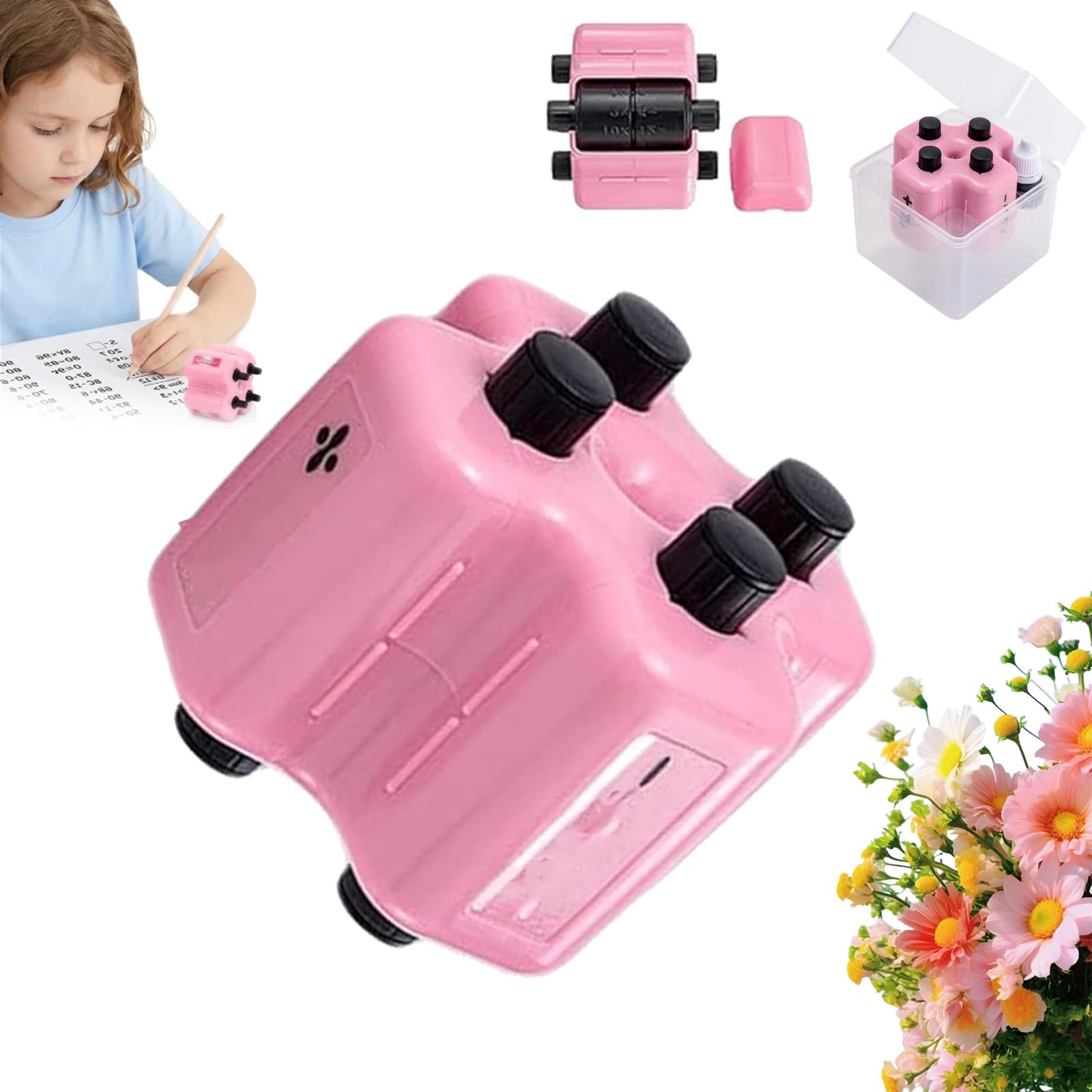 4 in 1 Math Stamp Roller, Upgraded Randomized Digital Roller Stamp, Brain Improvement Device for Kids Can Randomly (Pink)