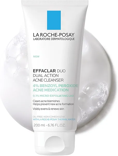 La Roche-Posay Effaclar Dual Acne Face Wash With 4% Benzoyl Peroxide & LHA Exfoliant, Acne Treatment Help Clear & Prevent Blemishes, Paraben Free & Oil Free Wash, 6.76 Fl Oz