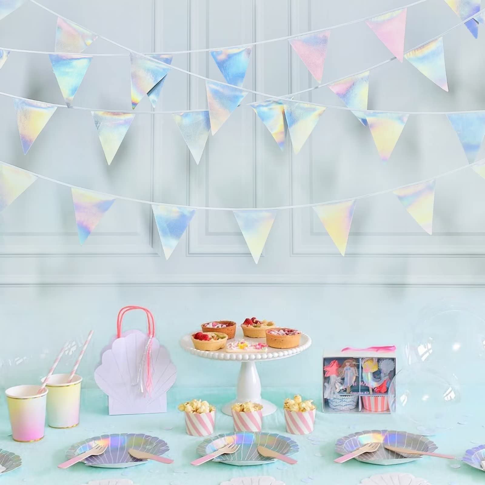 Decoración de fiesta iridiscente de 33 pies tela holográfica triángulo banderín bandera bandera de algodón guirnalda para cumpleaños boda boda despedida de soltera compromiso discoteca euforia galaxia