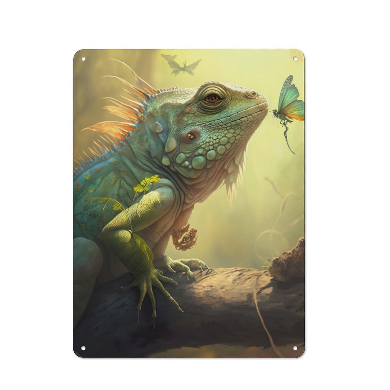 Junmoney Iguana On Branch For Lounge Or Reading Corner, Rustic Tin Sign 40X30cm, For An Autumn Update To Lounge And Reading Corner