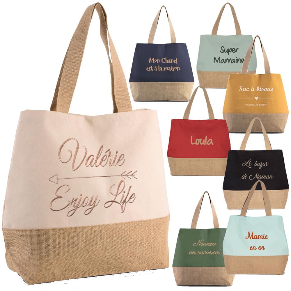 Sac shopping caba brodé et personnalisé avec un prénom, femme, porté épaule, bandouliere, toile coton et jute, original, cadeau femme, fille, anniversaire, mariage, maman, fete des meres, maitresse
