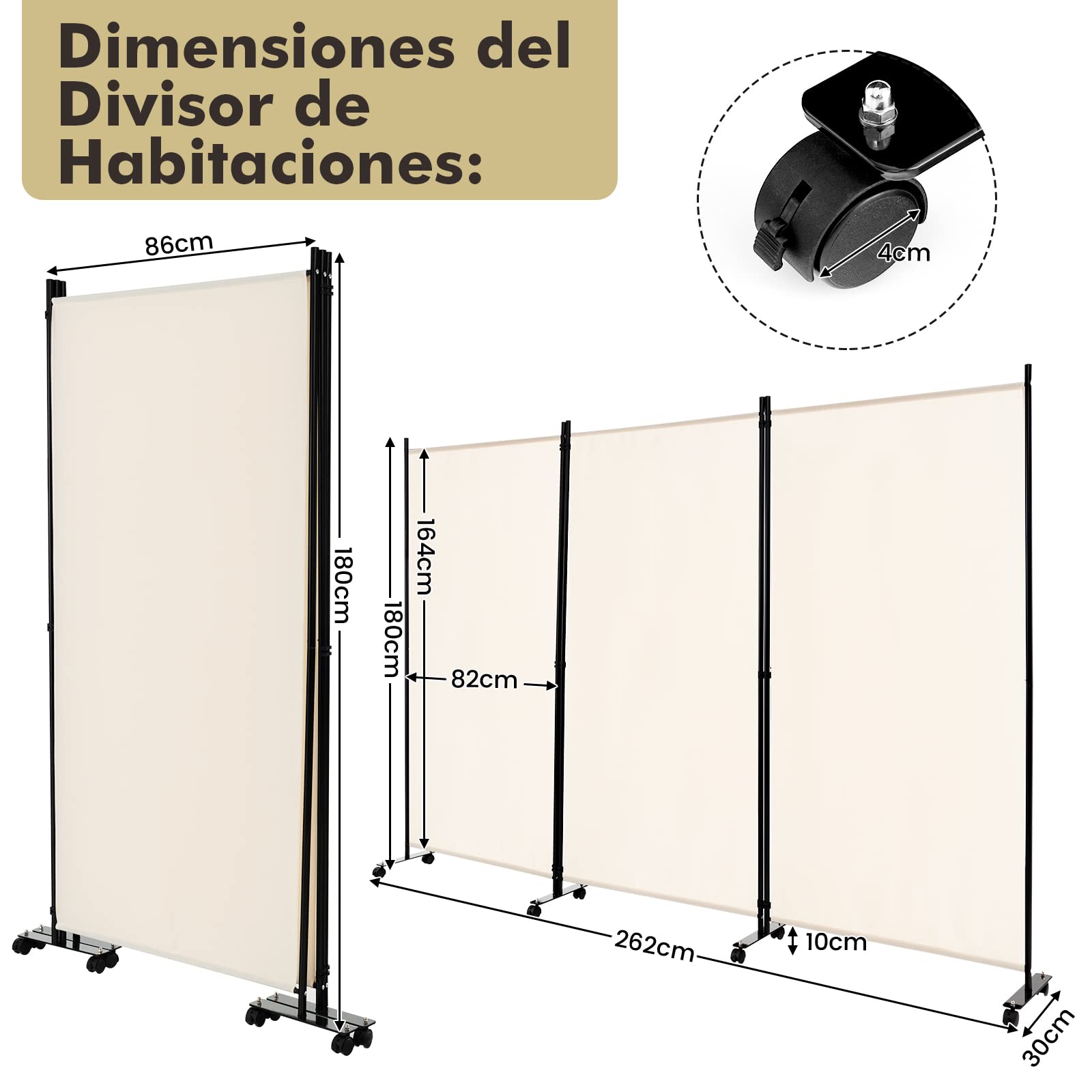 COSTWAY Biombo Separador de Ambientes de 3 Panel con Ruedas Bloqueables, Pared de Separador, Separador de Privacidad Independiente para Sala de Estar, Dormitorio