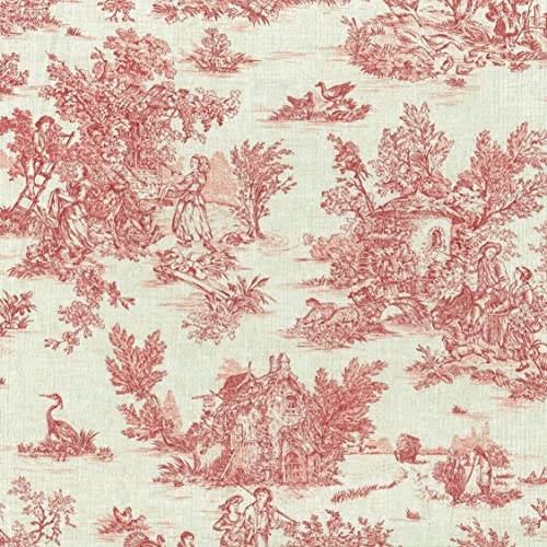Tela Toile de jouy ‘La Vie Rustique’ (Rojo Antiguo Sobre un Fondo de Aspecto de Lino) - 100%...