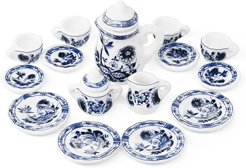 Miniatura 2 de Odoria Juego de té de porcelana en miniatura 112, 15 piezas, accesorios de decoración de casa de muñecas, loto azul