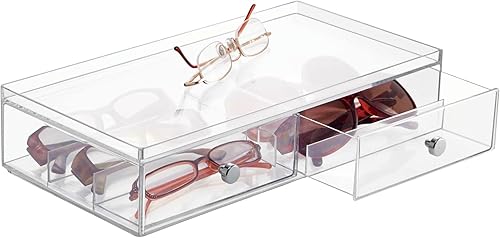 Miniatura 1 de mDesign - Organizador de plástico apilable para lentes y gafas de sol con 2 cajones divididos y tiradores de cromo para accesorios.
