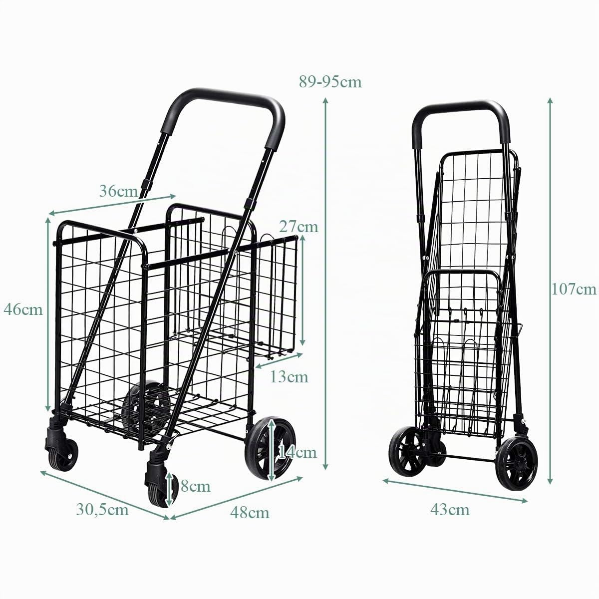 COSTWAY Klappbarer Einkaufstrolley, Einkaufswagen mit Universalrädern & Doppelkorb, 48L+10L, Tragbarer Handwagen mit Verstellbarer Griff, Rollwagen Allzweckwagen für Wäsche Einkaufen Gepäck (Schwarz)
