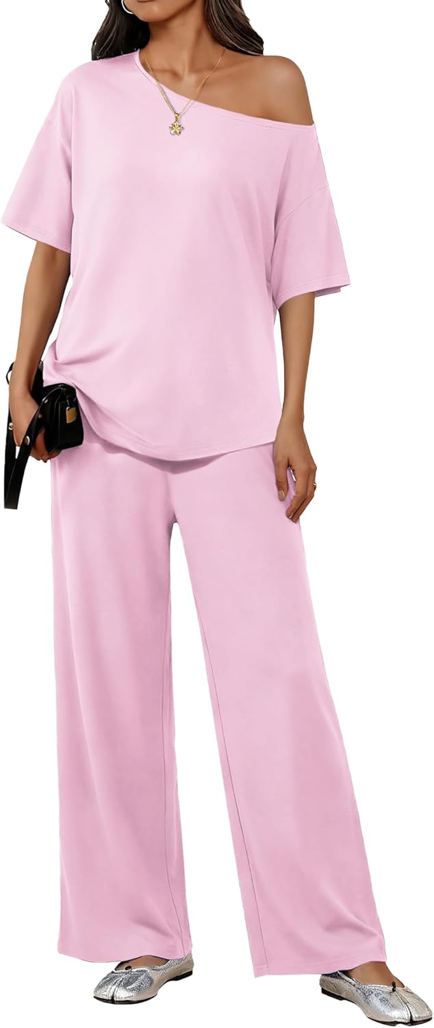 Ekouaer Lounge Sets for Women Off Shoulder Short Sleeve Tops and Long Pants 2 Piece Set Summer Soft Matching Outfit