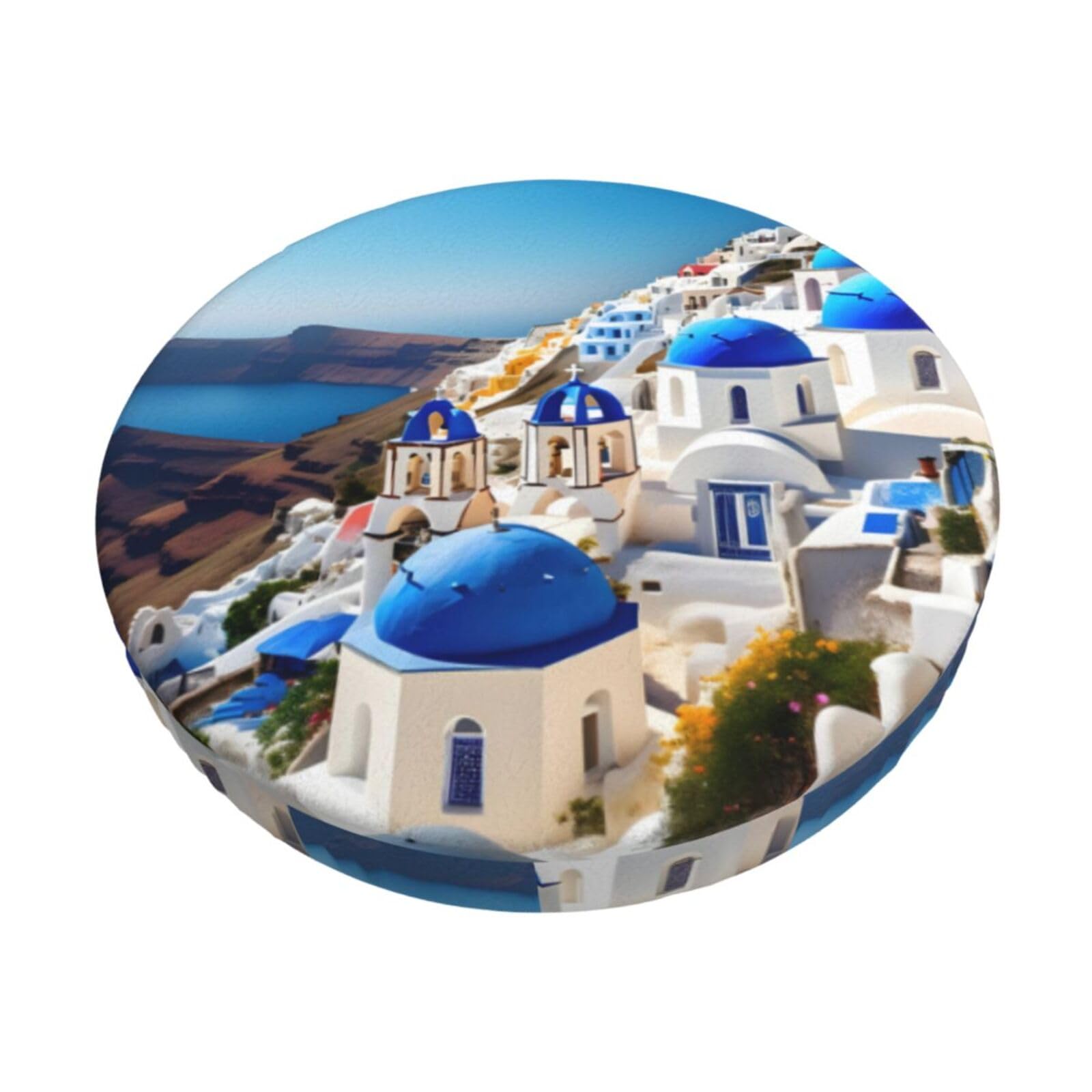 PUYhgb Santorini Greek Island Sea View Print Round Bar Chair Cushion Cover, Home Decorative Seat Cover For Home Kitchen Dining