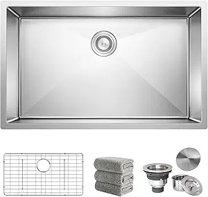 Kitchen Sink 30x18 Inch Undermount Sink Stainless Steel 16 Gauge Single Bowl Kitchen Sinks Set (5 Item Bundle: Sink, Bottom Grid, Drain Assembly, Drain Cap, Towel)