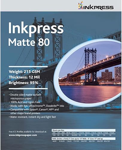 Inkpress Duo Matte 80 - Papel para inyección de tinta de 7.58 ozm, grosor de 12 mil, 95% de brillo, doble cara, 8 x 10 pulgadas, 50 hojas