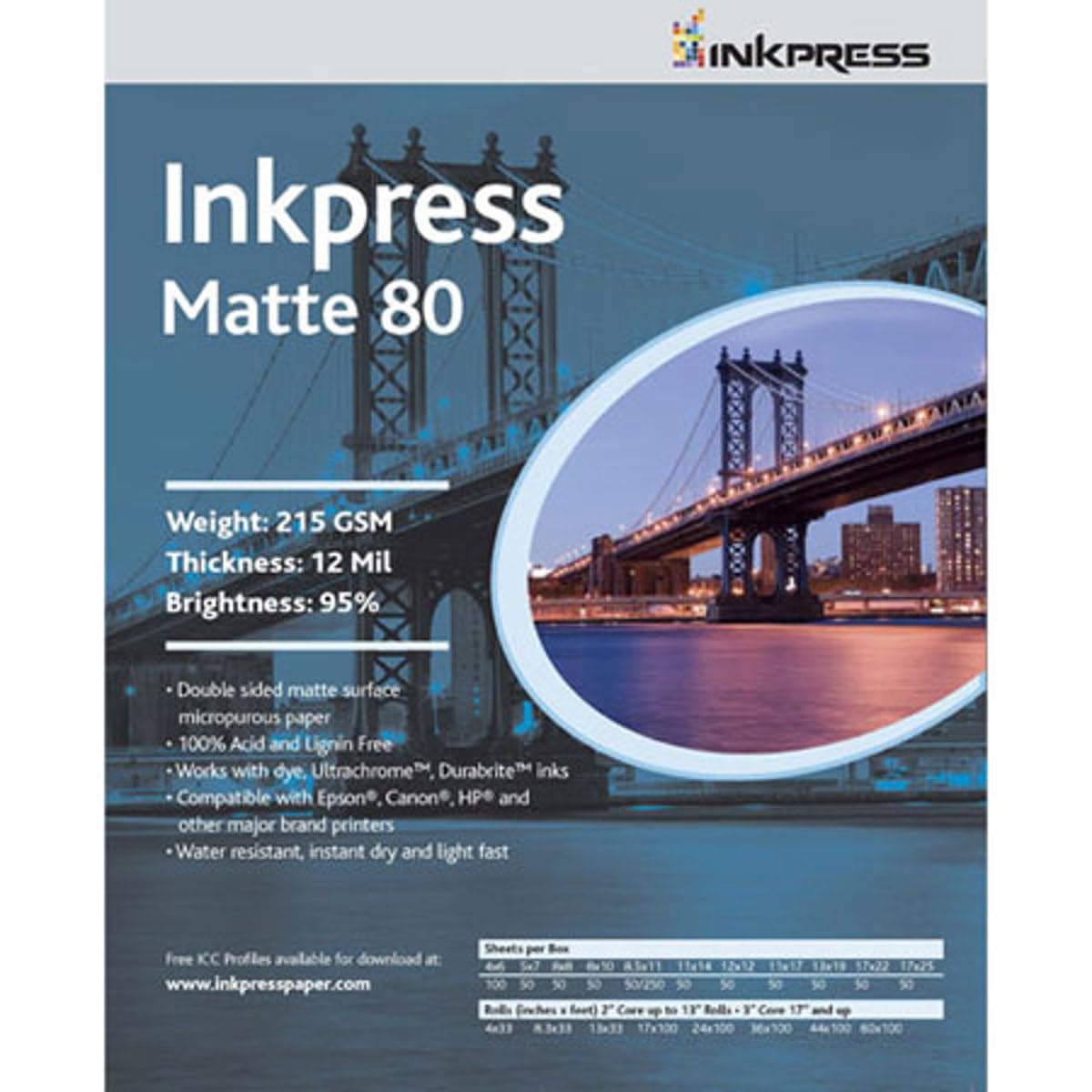 Inkpress Duo Matte 80 Inkjet Paper, 215 gsm Weight, 12 mil Thickness, 95% Brightness, Double Sided, 13x19", 100 Sheets