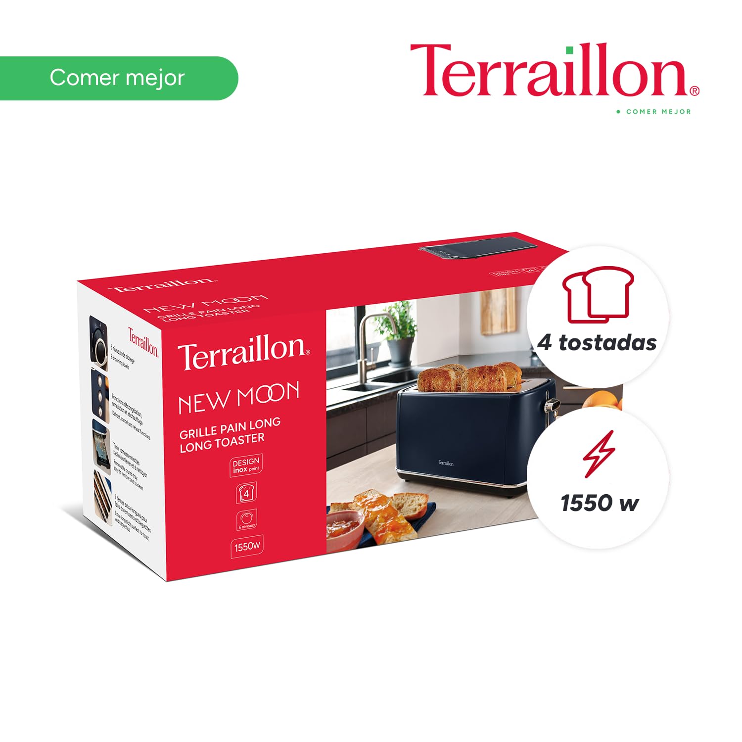 TERRAILLON - NEW MOON- Tostadora de pan largo, 2 ranuras extra anchas, 6 niveles de potencia (1550W) - Descongelación, calentamiento, apagado automático, cajón recoge migas, cuerpo de acero inoxidable