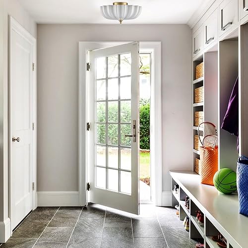 Miniatura 7 de Lámpara de techo dorada de latón para dormitorio, lámpara de techo moderna dorada para entrada, baño, sala de estar, pantalla festoneada de flores