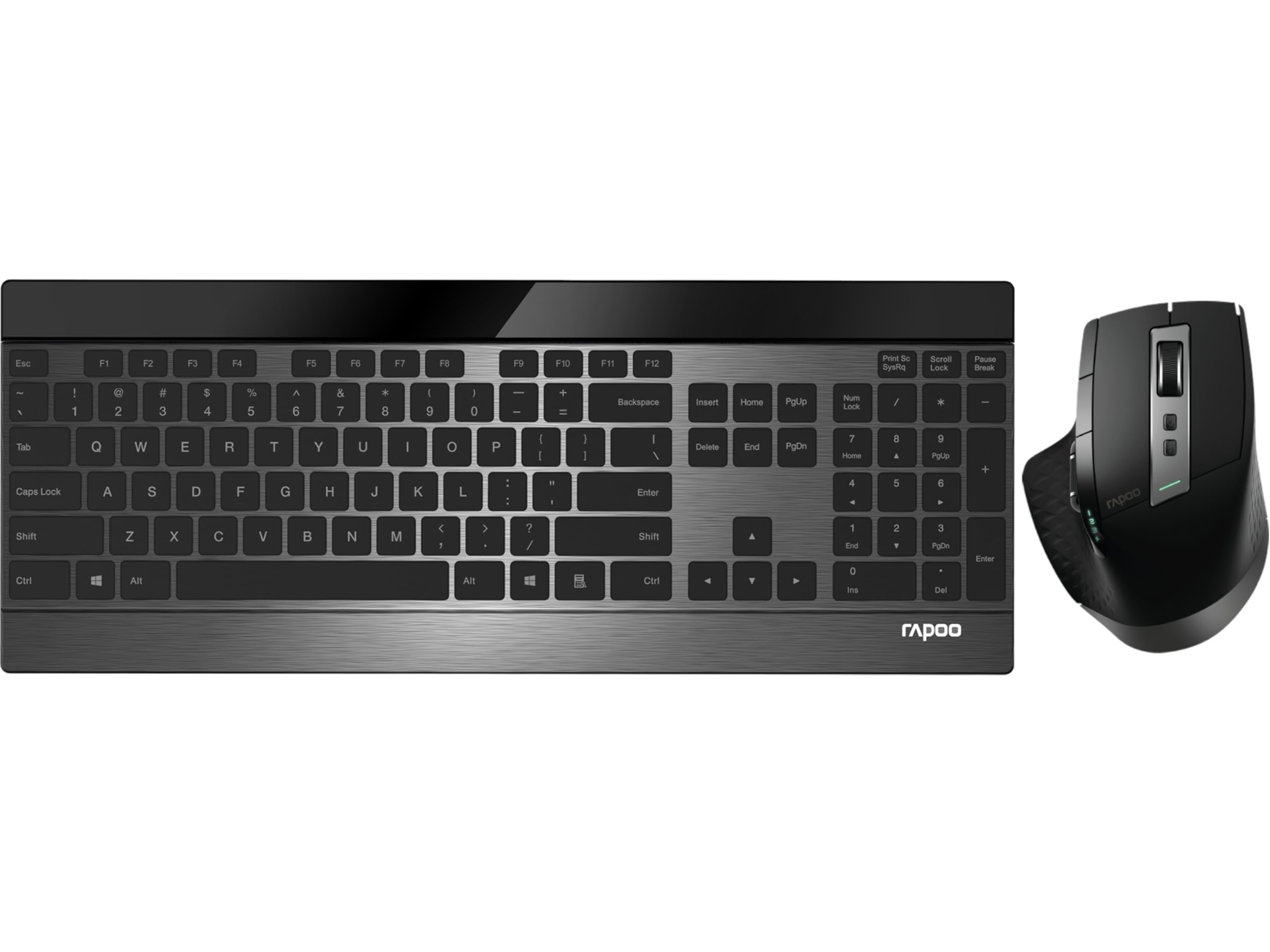 Rapoo 9900M kabelloses Tastatur-Maus Set Wireless Deskset 3200 DPI Sensor wiederaufladbarer Akku flaches Aluminium Design DE-Layout QWERTZ PC & Mac - schwarz