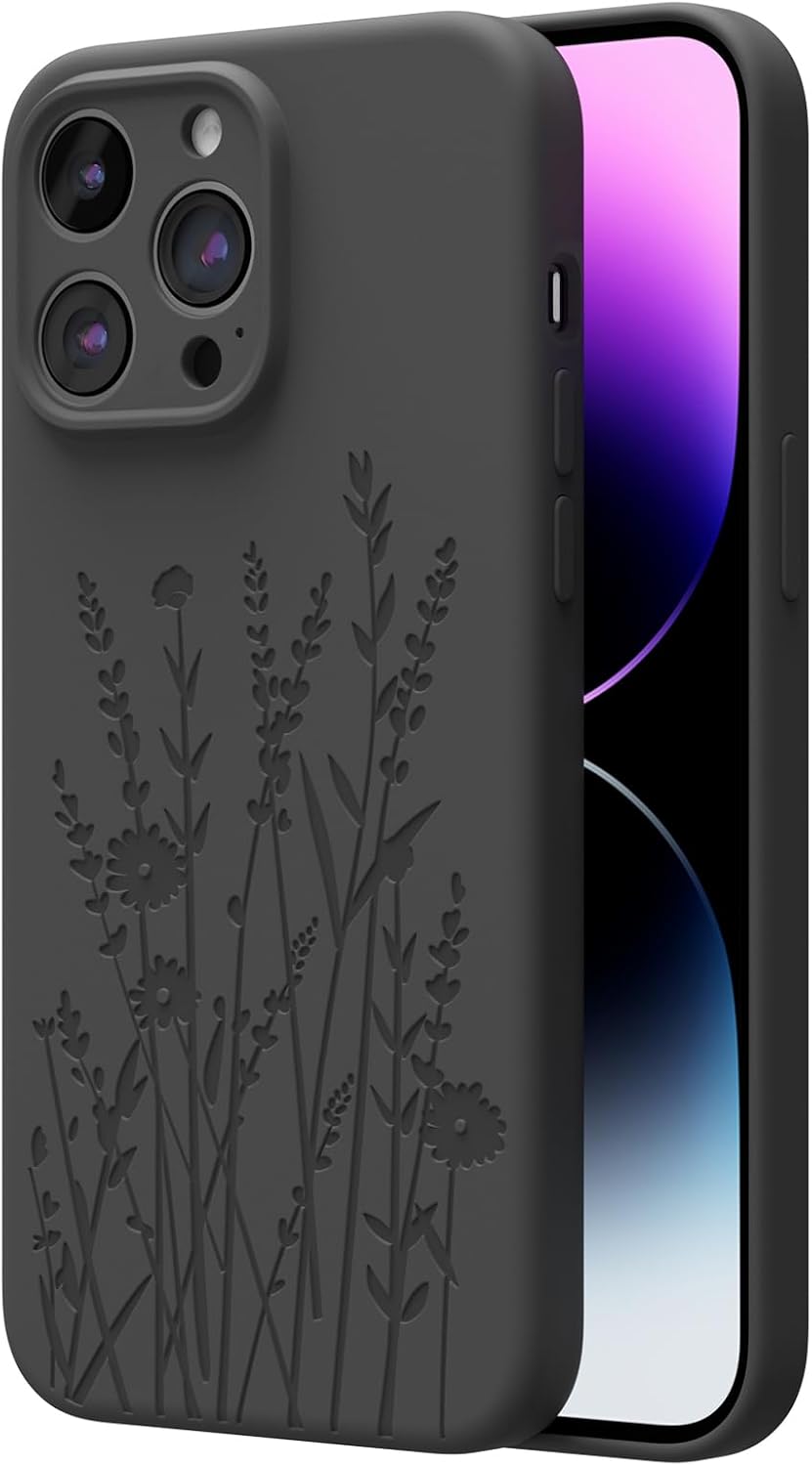 OAOA Magnetic Engraved Case Compatible with iPhone 14 Pro Case, Compatible with Magsafe, Camera All-Round Protection, Slim Liquid Silicone Phone Case for Women Girls, Black Flower for iPhone 14 Pro Flower/Black