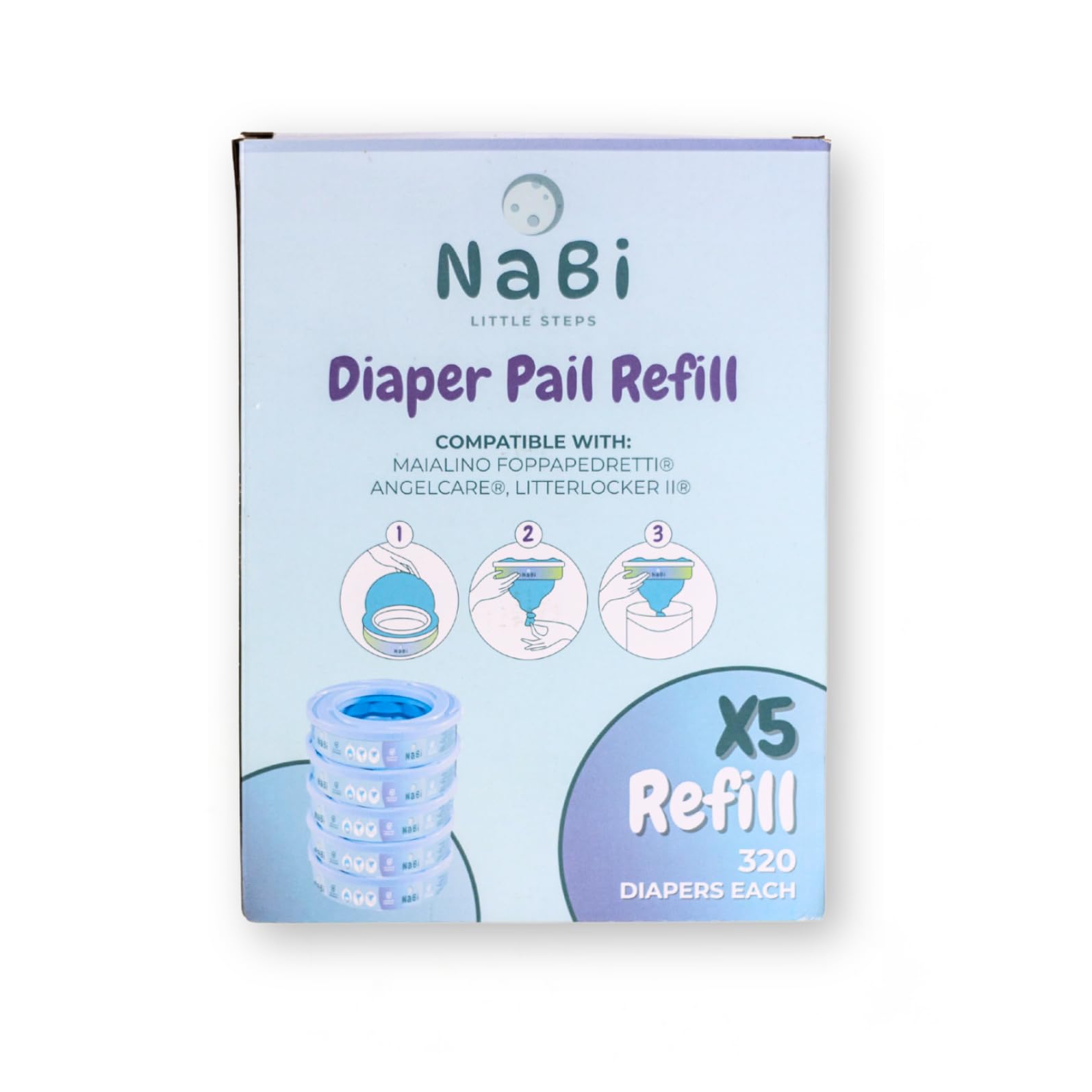 NABI LITTLE STEPS Ricarica Compatibile con Mangiapannolini Maialino Foppapedretti, Angelcare e Genie Litter Locker II. Confezione da 5 Ricariche Profumate, Facili e Convenienti