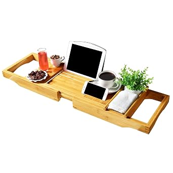ToiletTree Products Bamboo Bathtub Caddy with Extending Sides and Adjustable Book Holder Deluxe