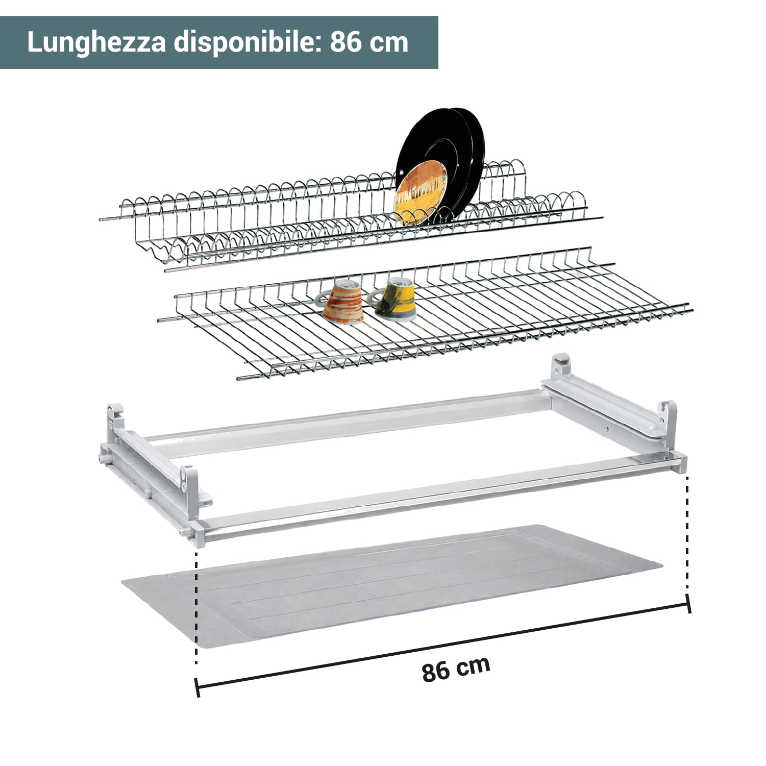 Crisalide® Scolapiatti per Pensile in Acciaio Cromato, Modelli 86 cm, Telaio in Alluminio Anodizzato, Vaschetta Raccogligocce Trasparente, Porta Piatti e Bicchieri per Cucina
