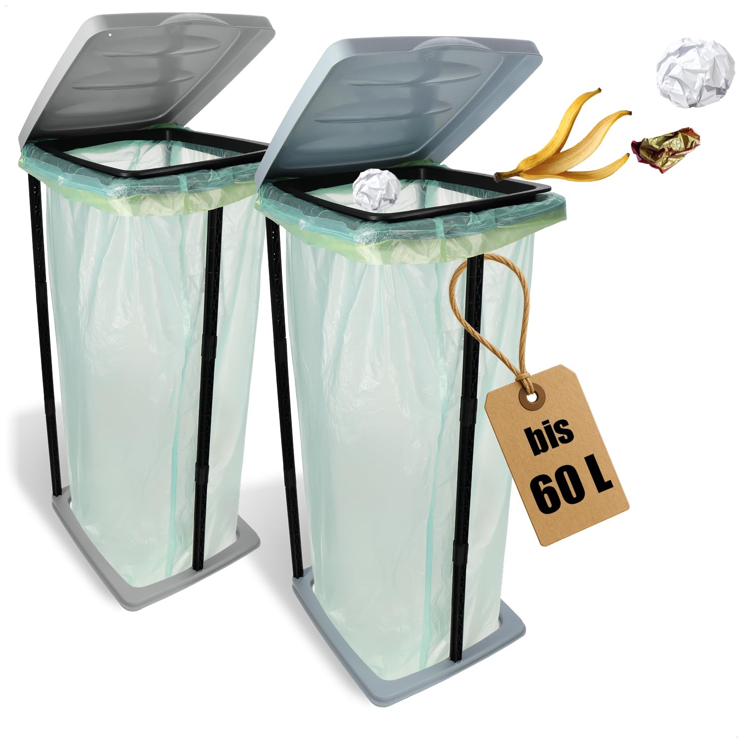 com-four® 2X Supporto per Sacco della Spazzatura con Coperchio – Smistatore 60 L per casa, Giardino, Officina e Campeggio – Portasacco Regolabile [Variante Casuale] (2X - Color Pastello)