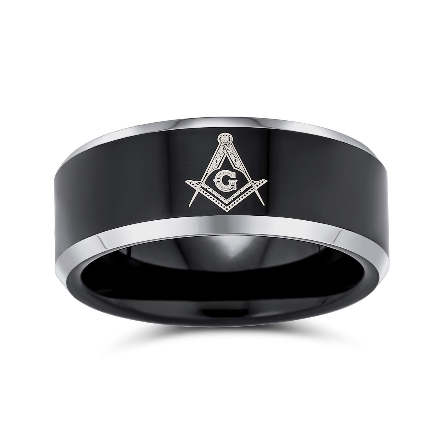 Bling Jewelry Anillo de Hombre de Titanio Negro Masónico con Compás y Escuadra Grabados con Láser Ajuste Cómodo 8MM