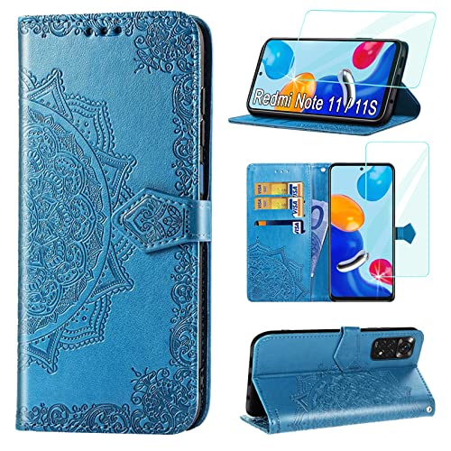 Yohii Coque pour Xiaomi Redmi Note 11/ Note 11S (6.43") + Verre Trempé, Protection Etui Housse Premium en Cuir PU Portefeuille Emplacements Cartes Fonction Support Fermoir Magnétique Flip Case - Bleu Cover