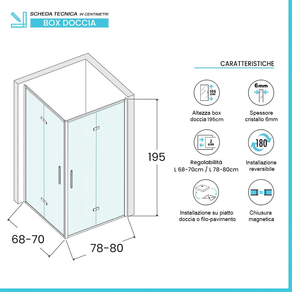 Box Doccia Angolare 70x80 Con Doppia Porta A Soffietto In Vetro Temperato Trasparente E Profili Nero Opaco - Linea Neos - H 195 Cm E Spessore 6 Mm