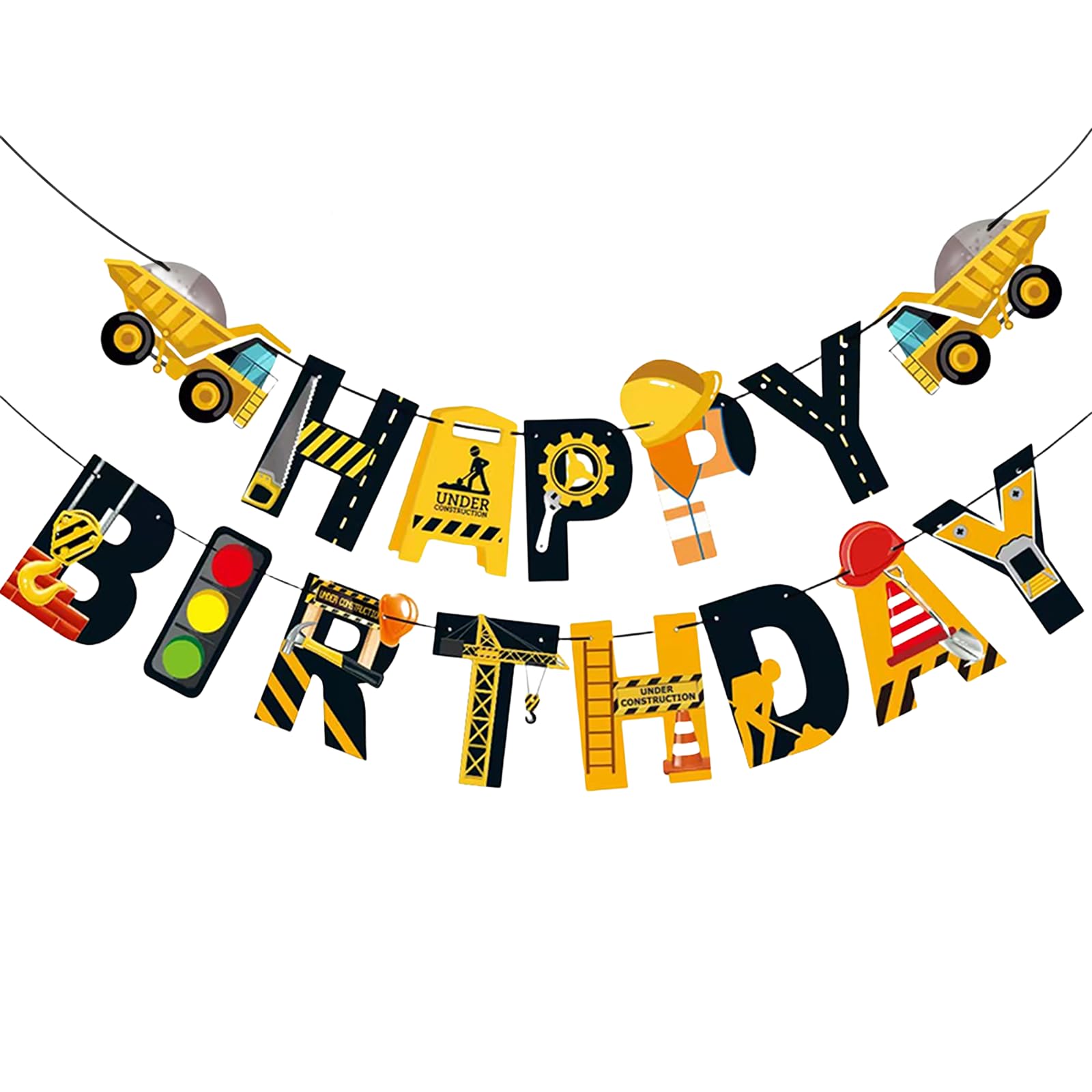 Construction Happy Birthday Banner, Cartoon Cute Construction Dump Truck Garland, Kids Vehicle Car Themed Birthday Decorations, Fun Wall Hanging