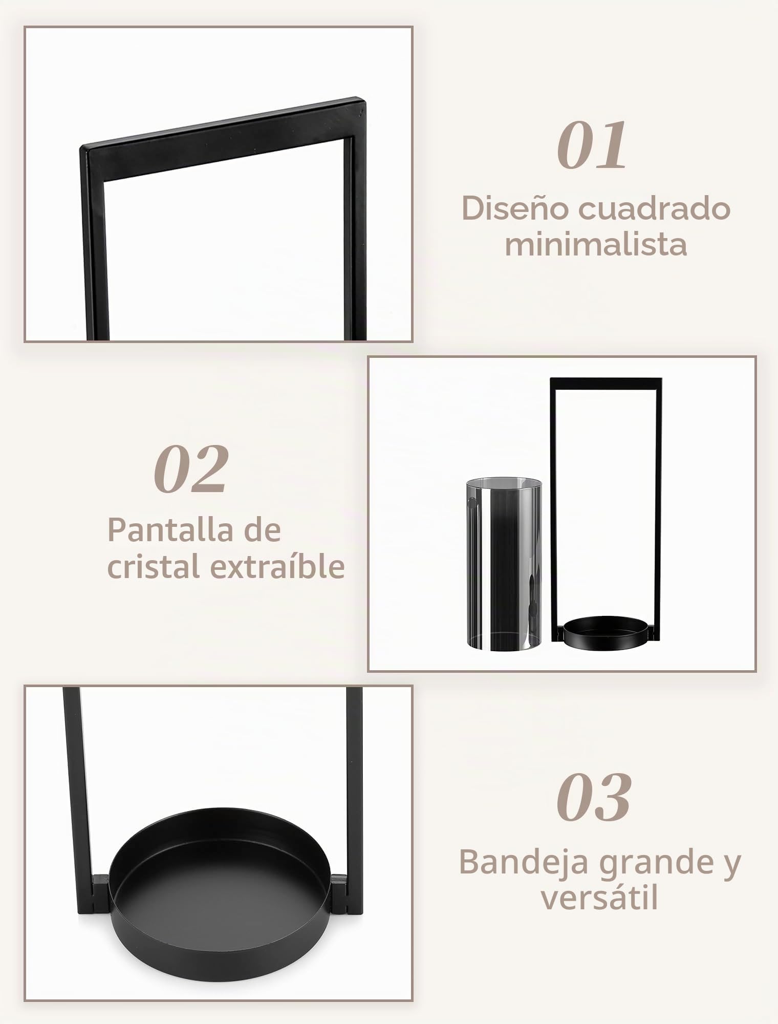 Sziqiqi Portavelas Negro con Vidrio Ahumado: Portavelas de Columna de Vidrio Gris para Decoración al Aire Libre - Moderno Candeleros de Metal para Sala de Estar Exterior Alféizar de Ventana