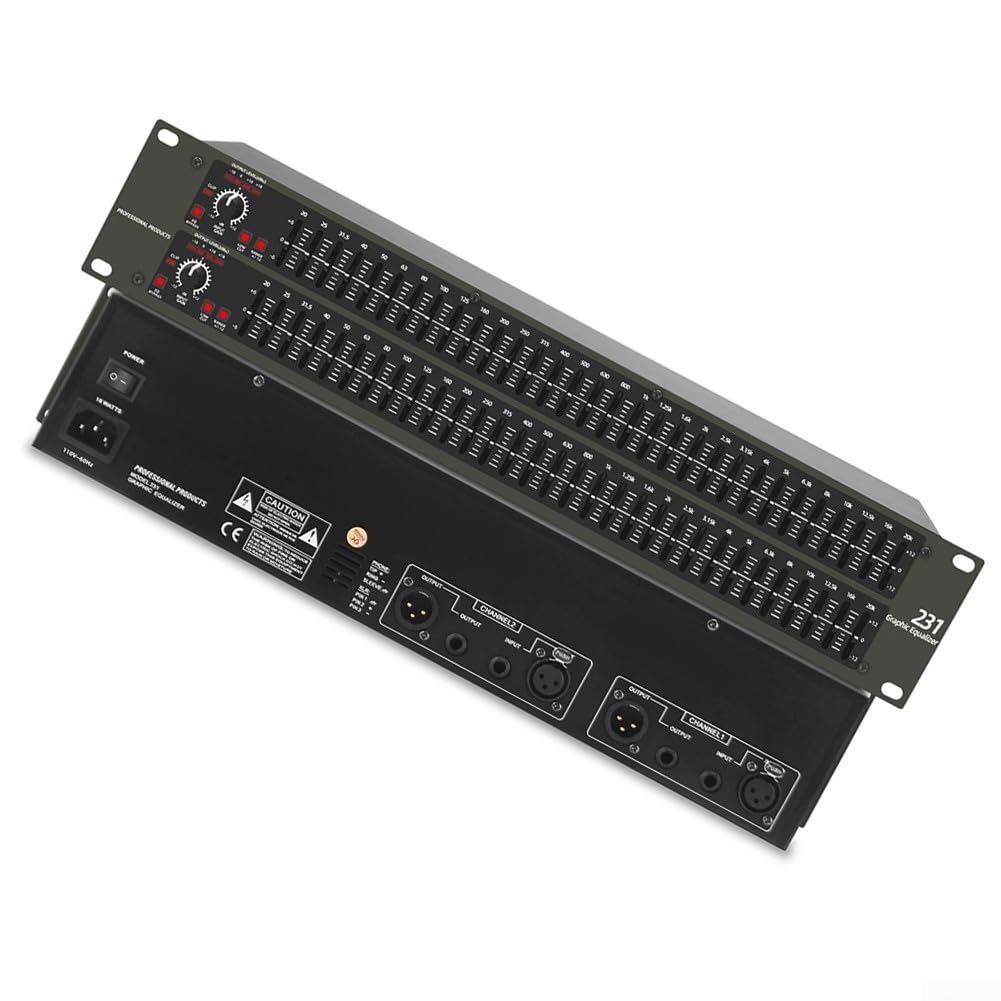 Equalizzatore grafico a 31 bande per audio domestico e applicazioni DJ professionali, doppio canale, regolazione ± 12 dB per band, interruttore low-cut, connettori XLR e TRS, 480 mm