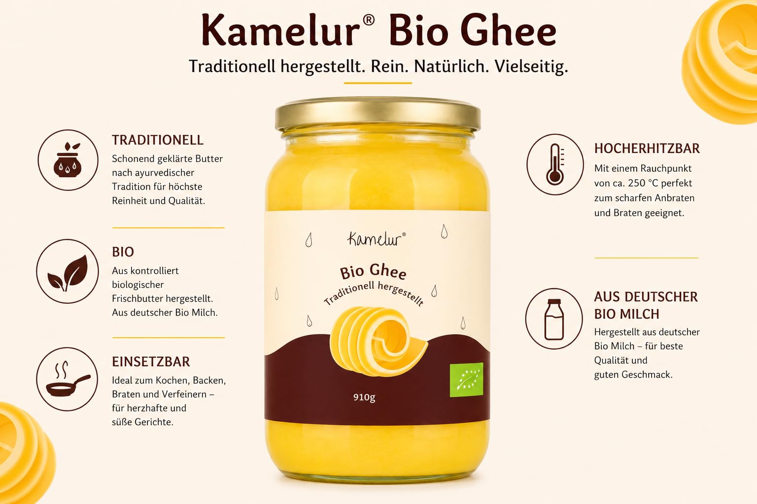 Kamelur Bio Ghee (910g) Bio Butter Ghee aus Deutscher Butter für die Ayurveda Küche