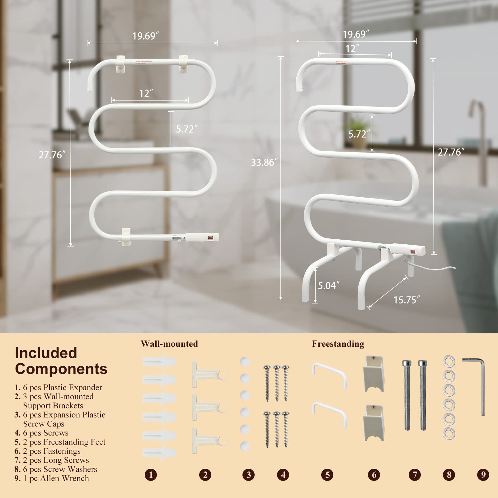SHARNDY Heated Towel Warmer Freestanding & Wall Mounted Electric Towel Rack Portable Heated Towel Rack 90W Plug-in White for Bathroom