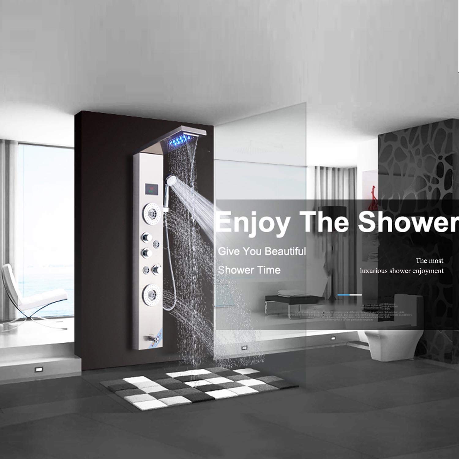 AlenArt LED Shower Panel Tower System – Rainfall Waterfall Head, 4 Body Massage Jets, Hand Shower, And Tub Spout – Brushed Nickel