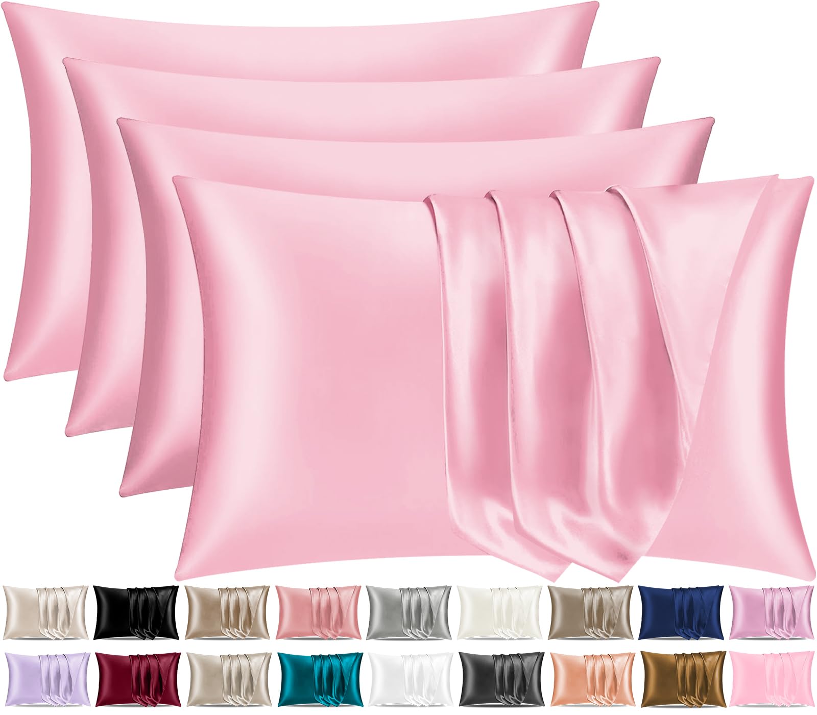 Pamposh Pink Satin Silk Pillowcases For Hair And Skin 4 Pack Standard Size With Envelope Closure (4 Pcs Pillowcases (50 X 75 Cm), )
