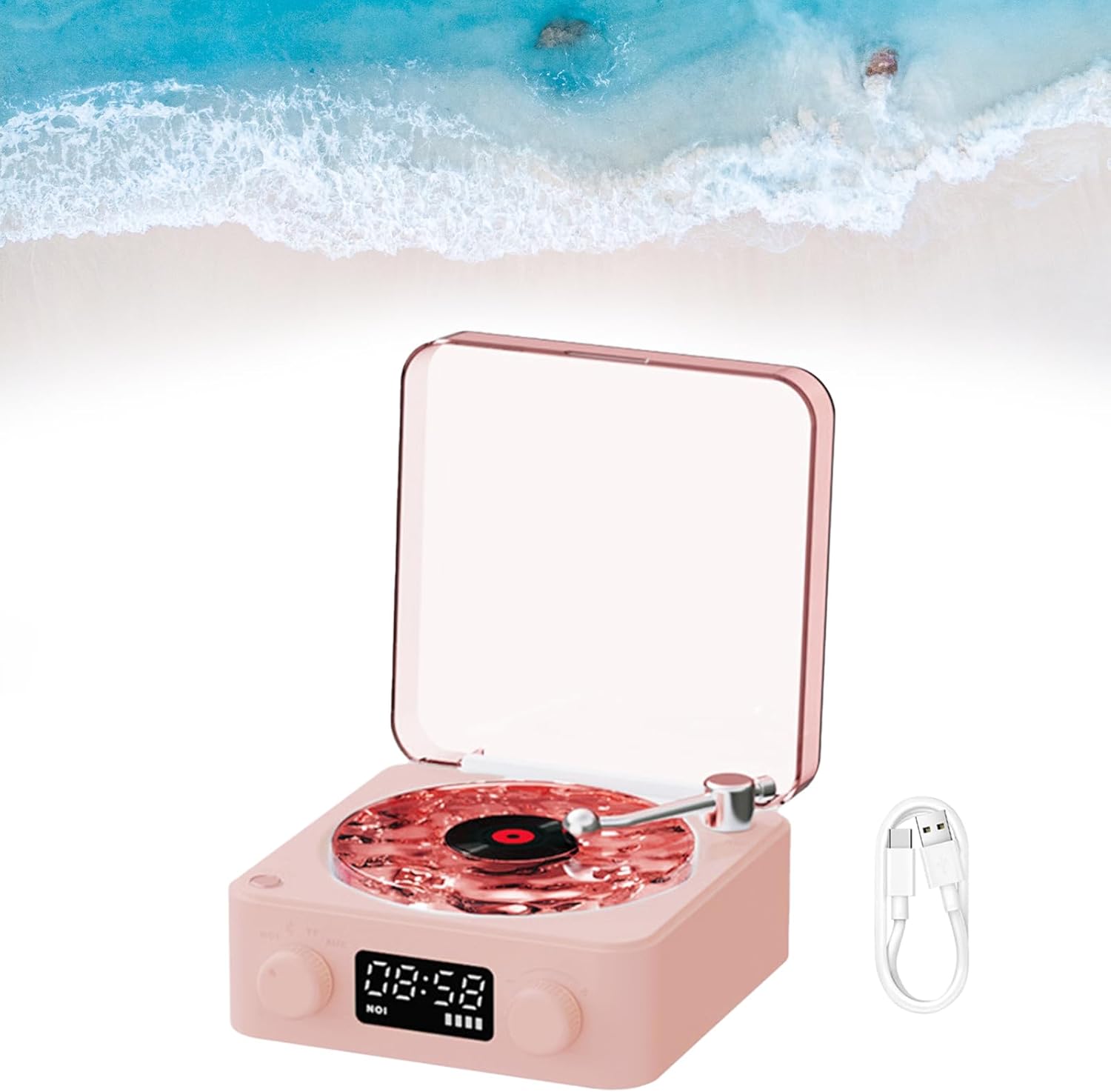 The Waves Vinyl Player Bluetooth Speaker with 3 Adjustable Ambient Lights, Portable Record Player Pink Vinyl Speaker with White Noise, 360° Surround Sound Retro Record Player for Room Desk, Party Gift