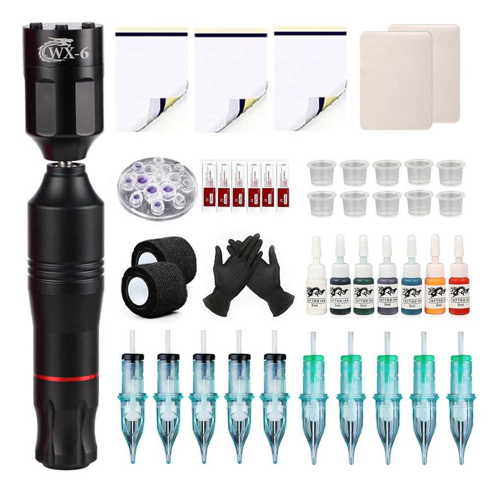 Professional Wireless Tattoo Machine Kit Rotary Tattoo Pen Wireless Power Supply DC Interface With Cartridge Needles Ink Set Tattoo Supplies for Body Art Permanent Makeup (Black)