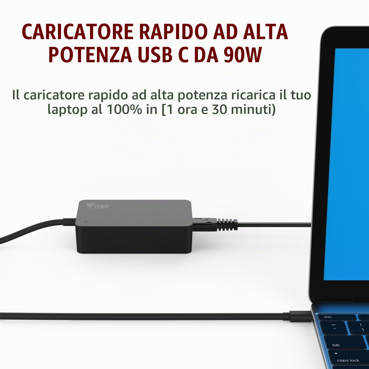 Itek Caricatore Alimentatore 90W USB C e TYPE C per Notebook, Laptop, Macbook, Tablet, Smartphone, Console, Macchine fotografiche e Dispositivi USB C