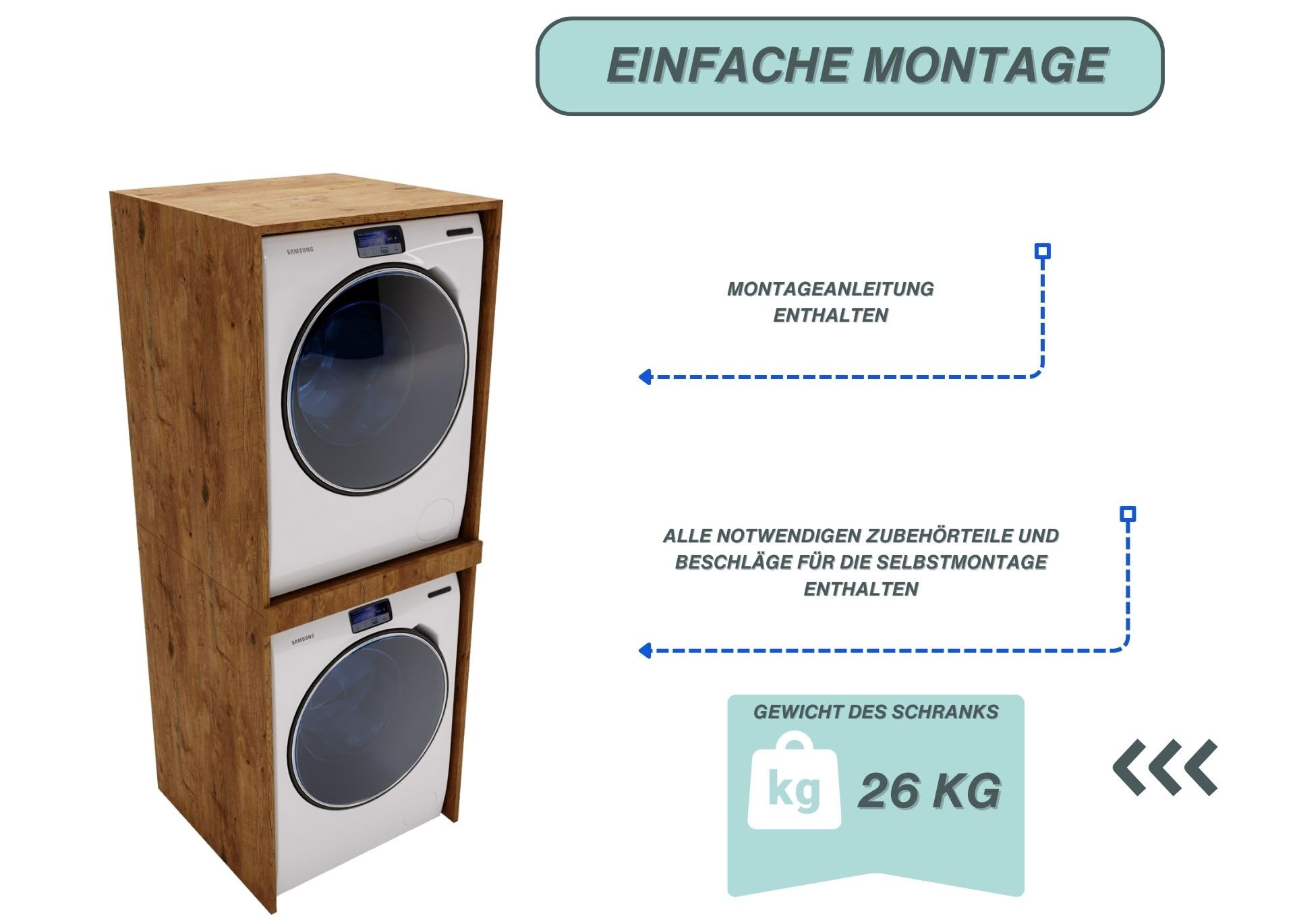 CraftPAK Waschturm - Waschmaschinenschrank für Waschmaschine & Wäschetrockner | Schrank Waschmaschine für Waschküche - Möbel Größe 66x180x65 cm Braun