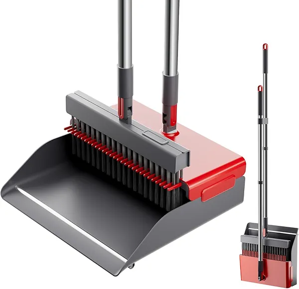 UPRefine Broom with Dustpan Combo Set 50” Adjustable Long Handle 180 Degree Rotating Broom Set with Comb Teeth Upright Standing Dust Pan for Home Room Kitchen