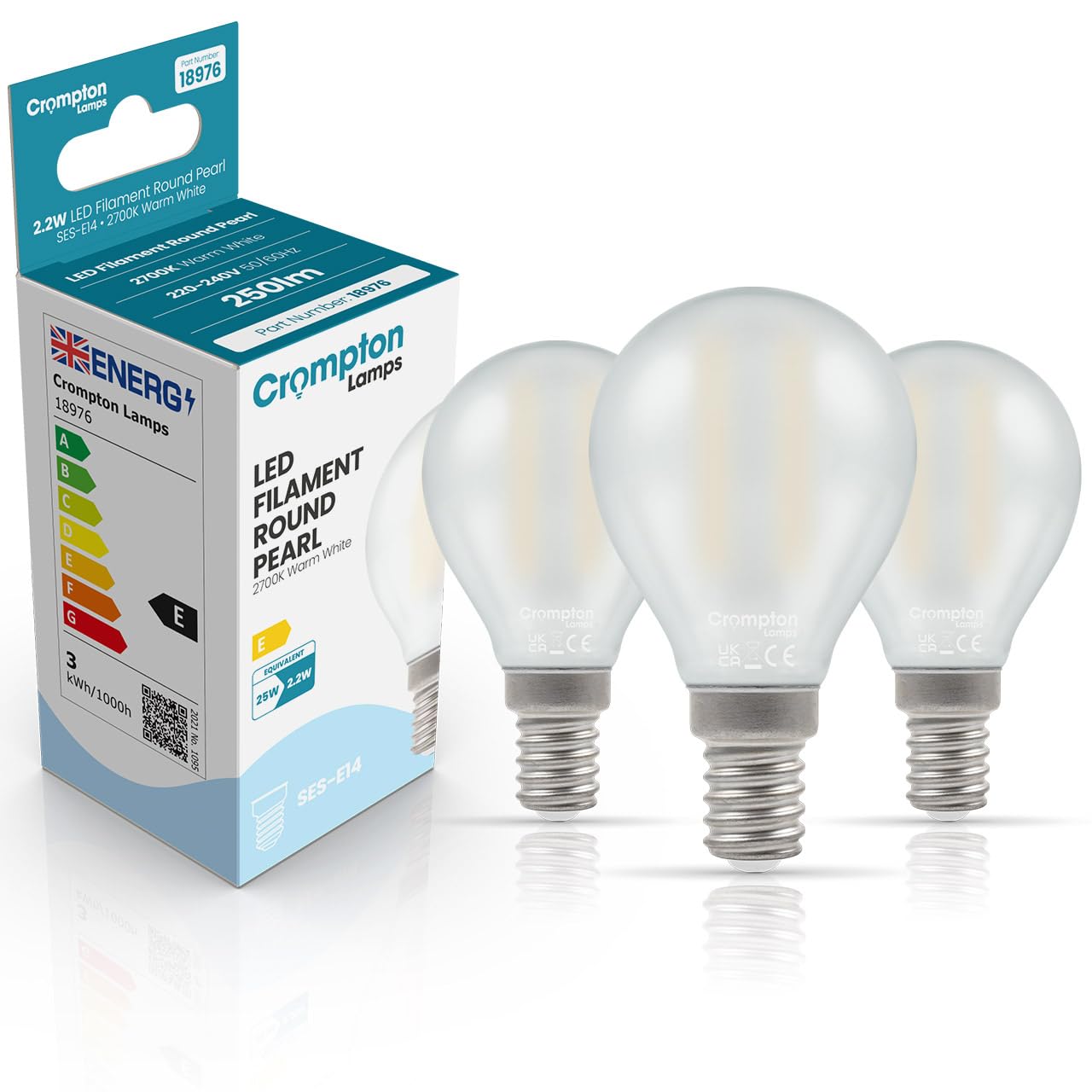 Crompton Lamps Filament Golfball LED Light Bulb SES-E14 | 2.2W = 25W Equivalent | Warm White 2700K | Energy Efficient | Small Screw Lightbulb | Long Life 15,000-Hrs | Pearl Glass | 3-Pack