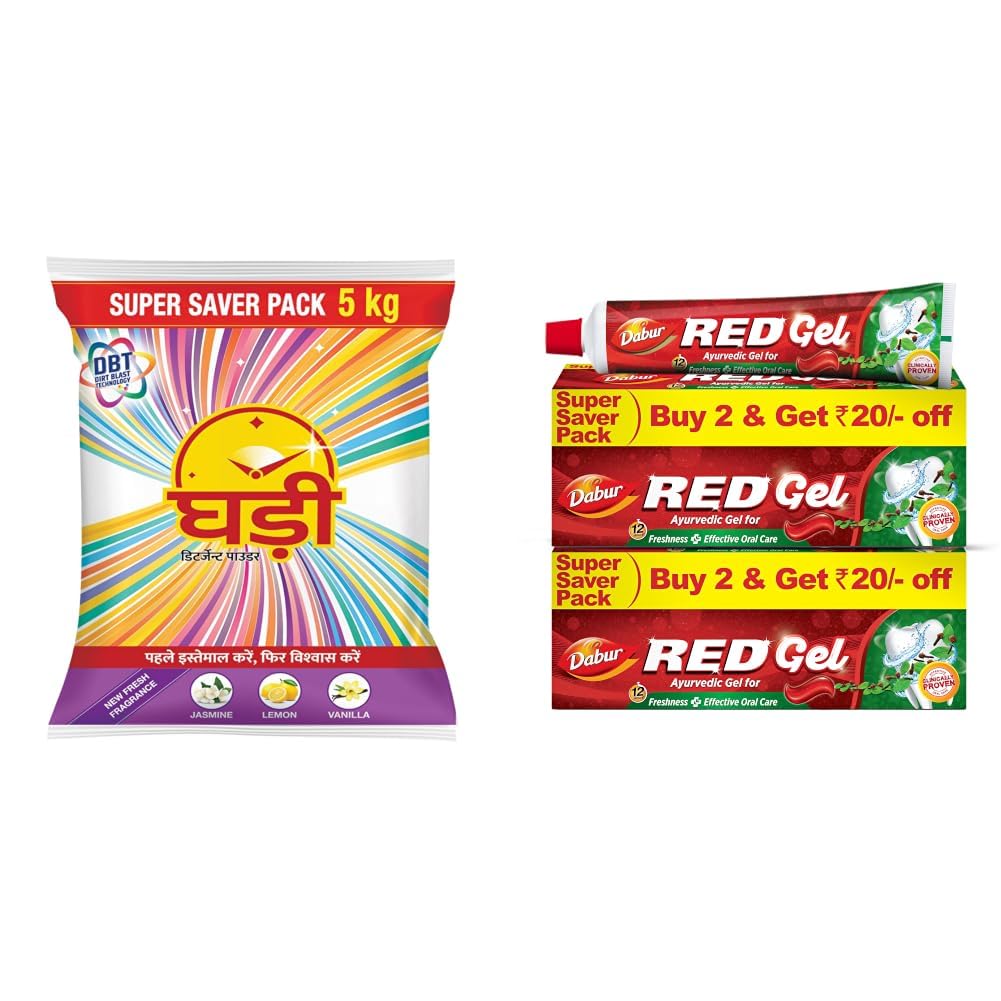 Ghadi Detergent Powder With Advance Dirt Blast Technology Tough Stain Removal & Refreshing Fragrance 5KG & Dabur Red Gel Ayurvedic Toothpaste - 600g (150g x 4) | Reduction in Bad Breath, Plaque-image-31