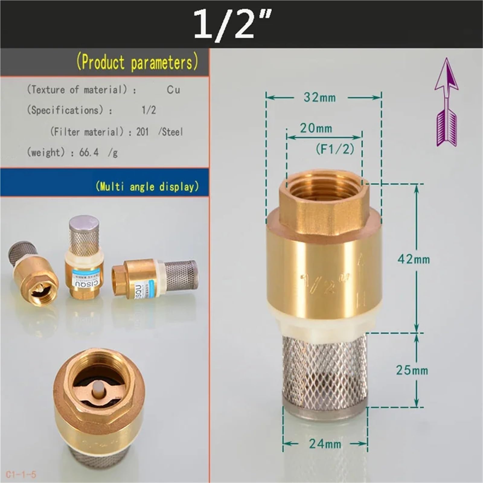 Mosiężny zawór zwrotny 1/2", 3/4", 1", 5 sztuk, z filtrem stalowym do pompy wodnej i hydrauliki (1 (stalowa siatka))
