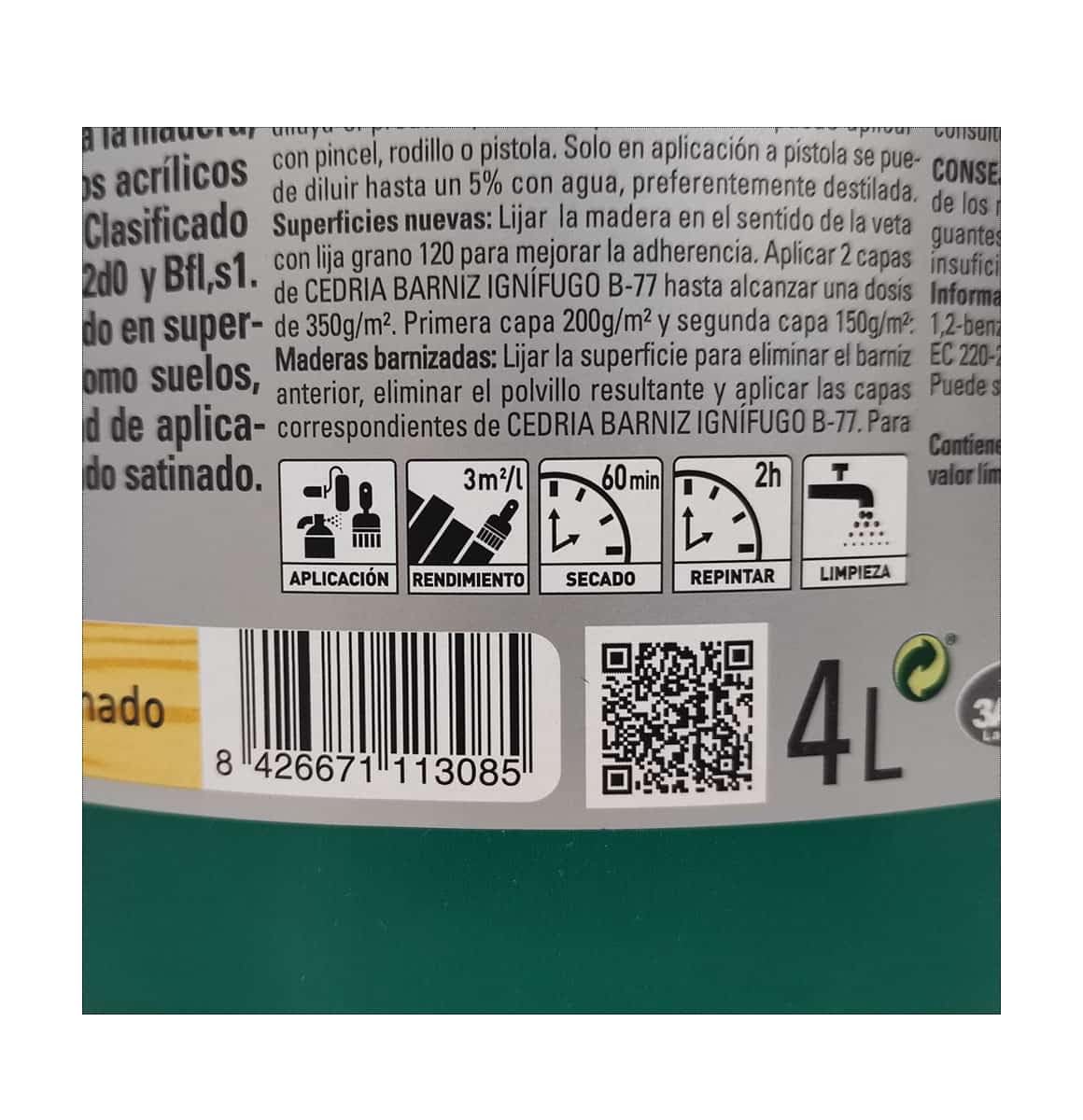Barniz Ignífugo B-77 Cedria protector fuego madera 4 litros