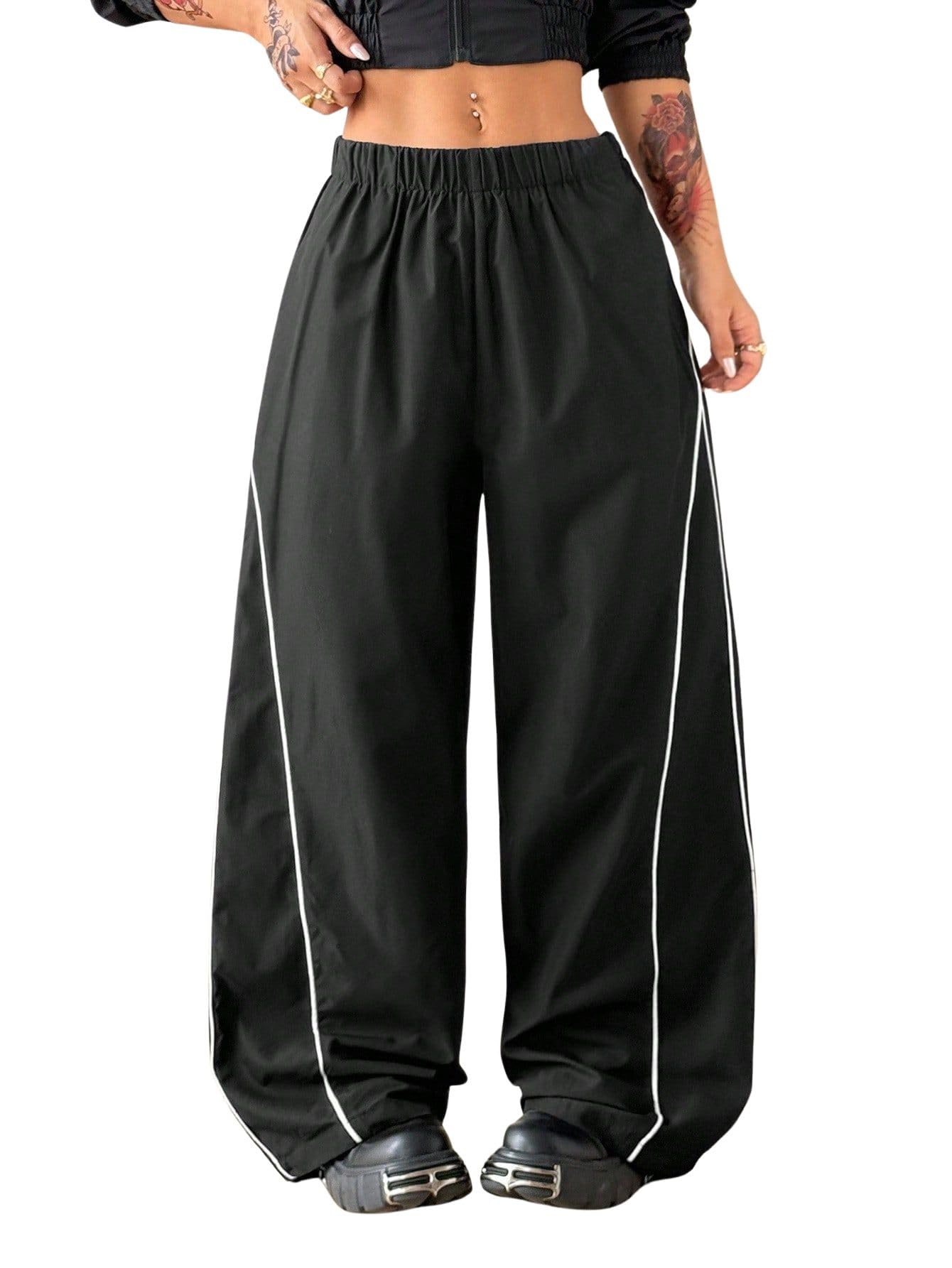 sxv style Women's Black Wide Leg Track Pants with White Side Stripe, Elastic Waist, Casual Style-picture-16