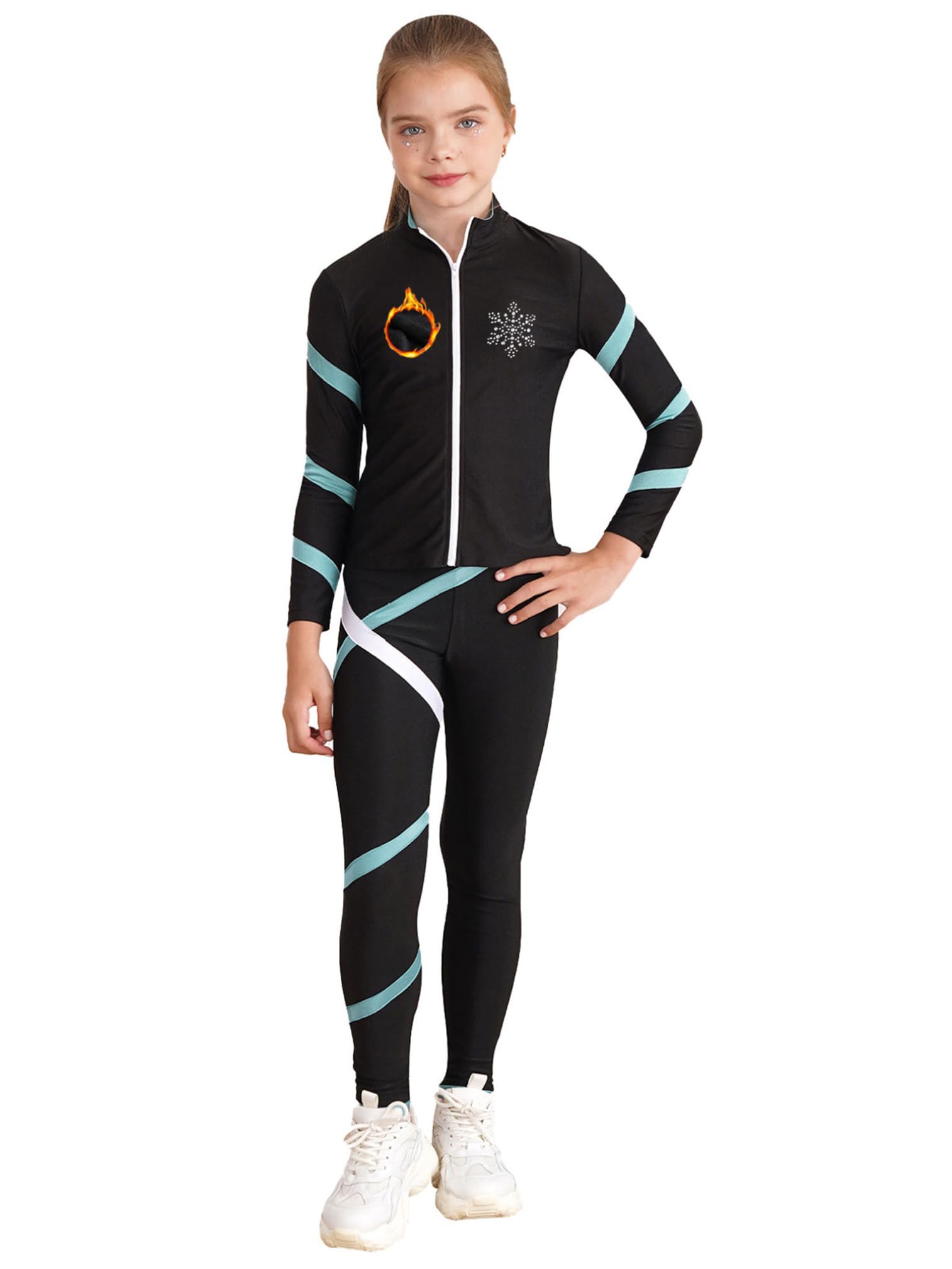 ranrann Ensemble Patinage Artistique Fille Veste Chaud Polaire avec Pantalon Collant Legging Tenue Patinage sur Glace Sport B Bleu clair 9-10 ans