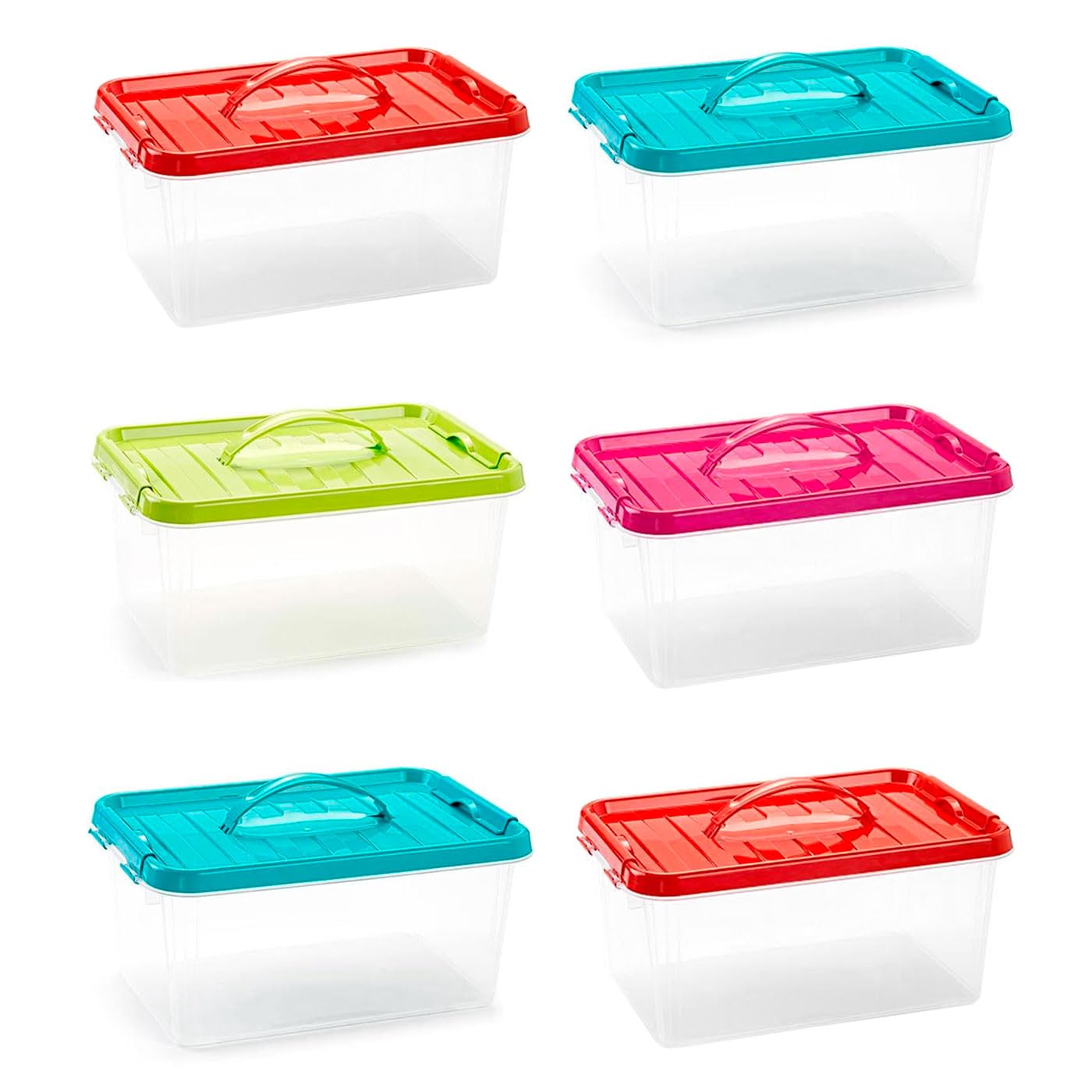 Tradineur - Confezione da 6 scatole portaoggetti con manico n. 22 in plastica, contenitore per giocattoli, libri, vestiti, prodotto in Spagna, 8 litri, 22,5 x 34 x 15,5 cm, coperchio assortito